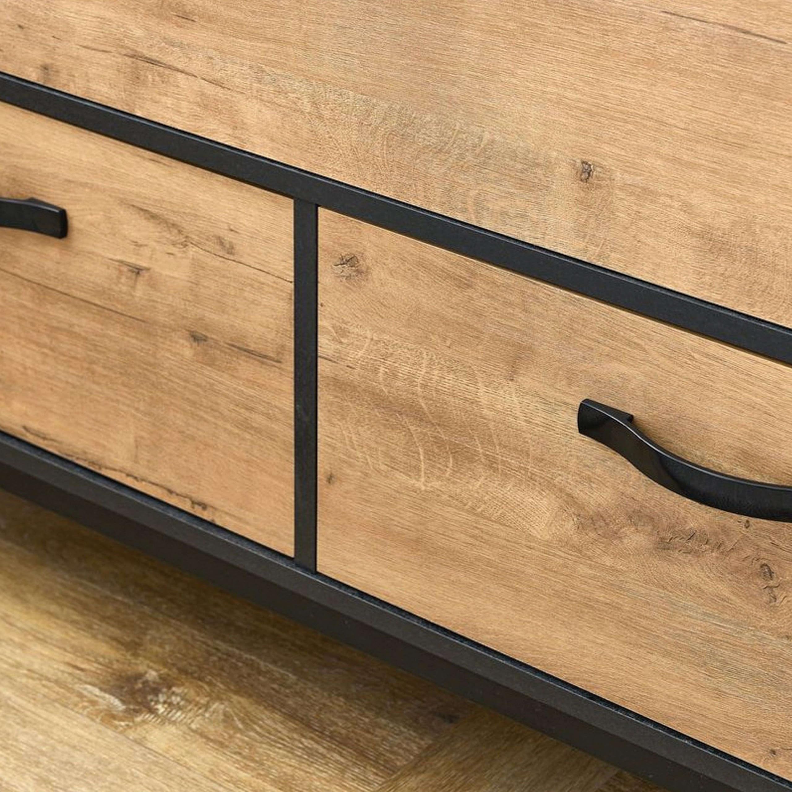 Muebles Pitarch | Mobile da bagno doppio, larghezza 120cm, industriale, Nero e Rovere Gold, con struttura a piedi, 2 cassetti e 1 porta, per lavabi da appoggio, modello Sena