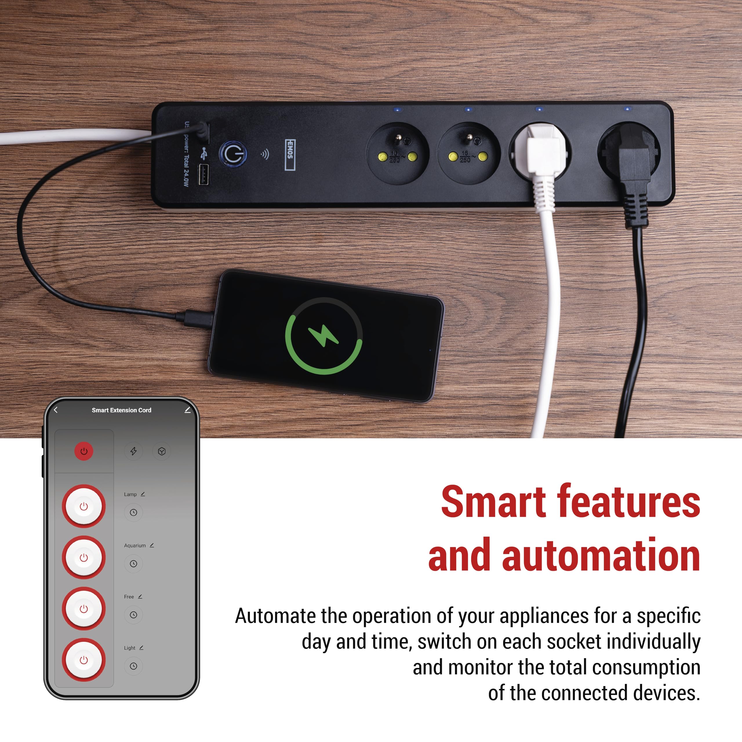 EMOS GoSmart - Bloc multiprise 4 Prises avec WiFi, App, 2 Ports USB-C/USB-A, wattmètre, minuterie et Interrupteur - 2 m - Compatible Alexa, Google Assistant - Standard French