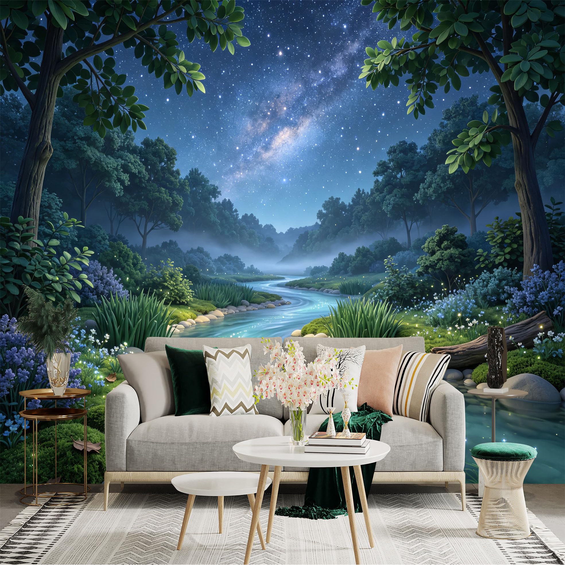 Lnzczhyre Bh260719368 Custom Size Wall Sticker Mural， Enchanted Stream In Night Forest， Glowing Milky Way Galaxy， Serene Nature Landscape， For Wall Decoration， Peelandstick Wall Decals.