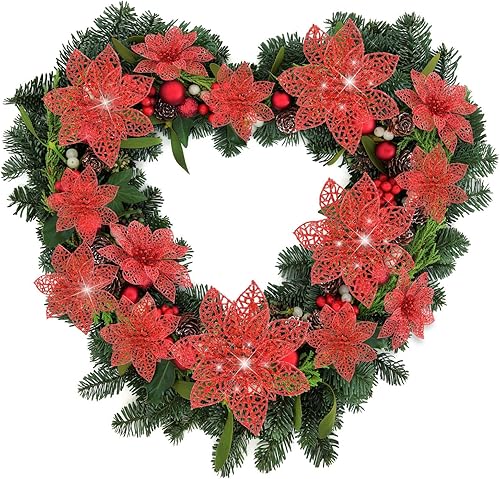 Vista 40 de 24 piezas de adorno de árbol de Navidad de Nochebuena con brillantina. Adorno de decoración de flores de Navidad. 3, 4 y 6 pulgadas / 7.62, 10.16