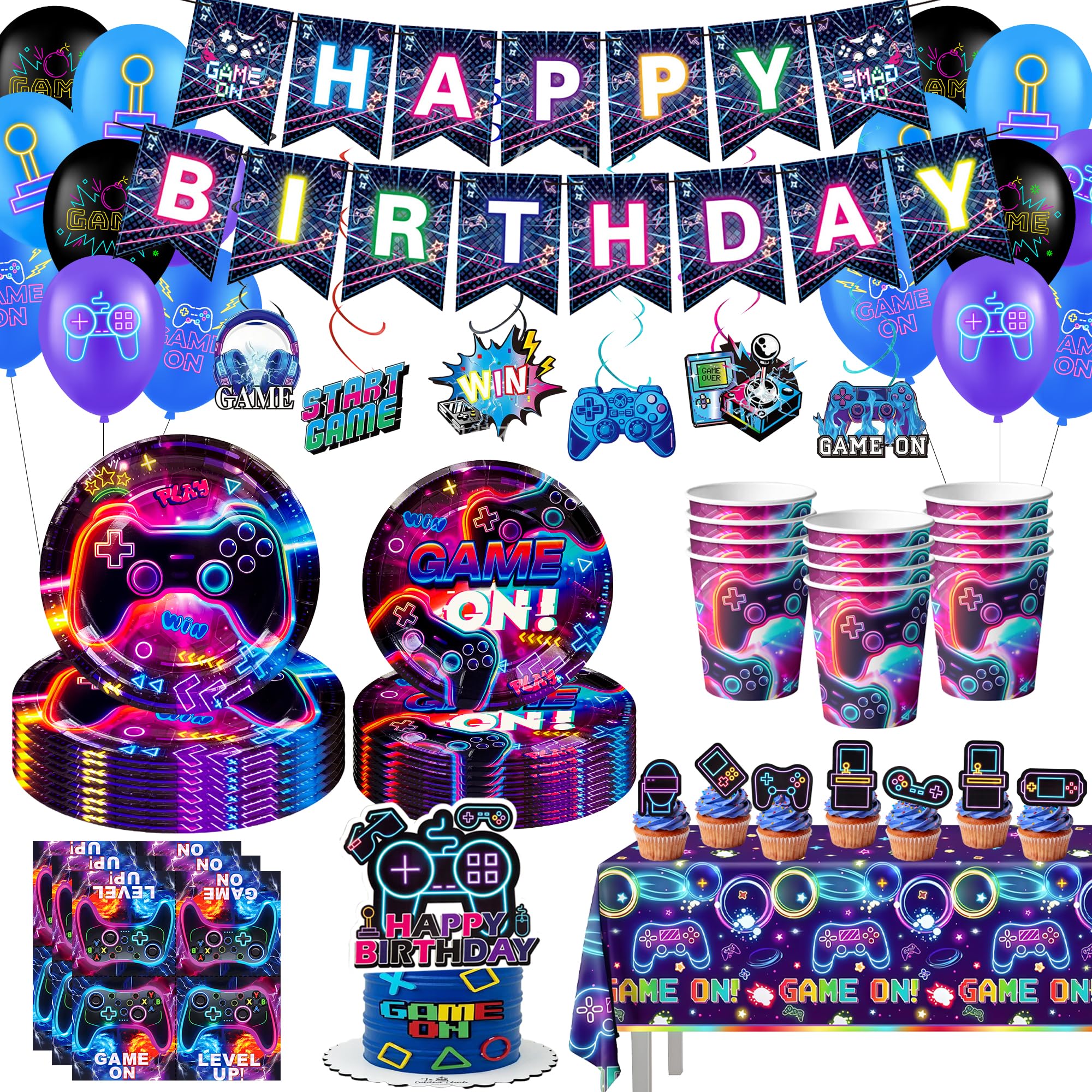 Juego de Vajilla de Fiesta de Videojuegos,111 Piezas Videojuego Fiesta Platos Servilletas Mantele etc Vajilla para Fiesta de Cumpleaños de Videojuegos
