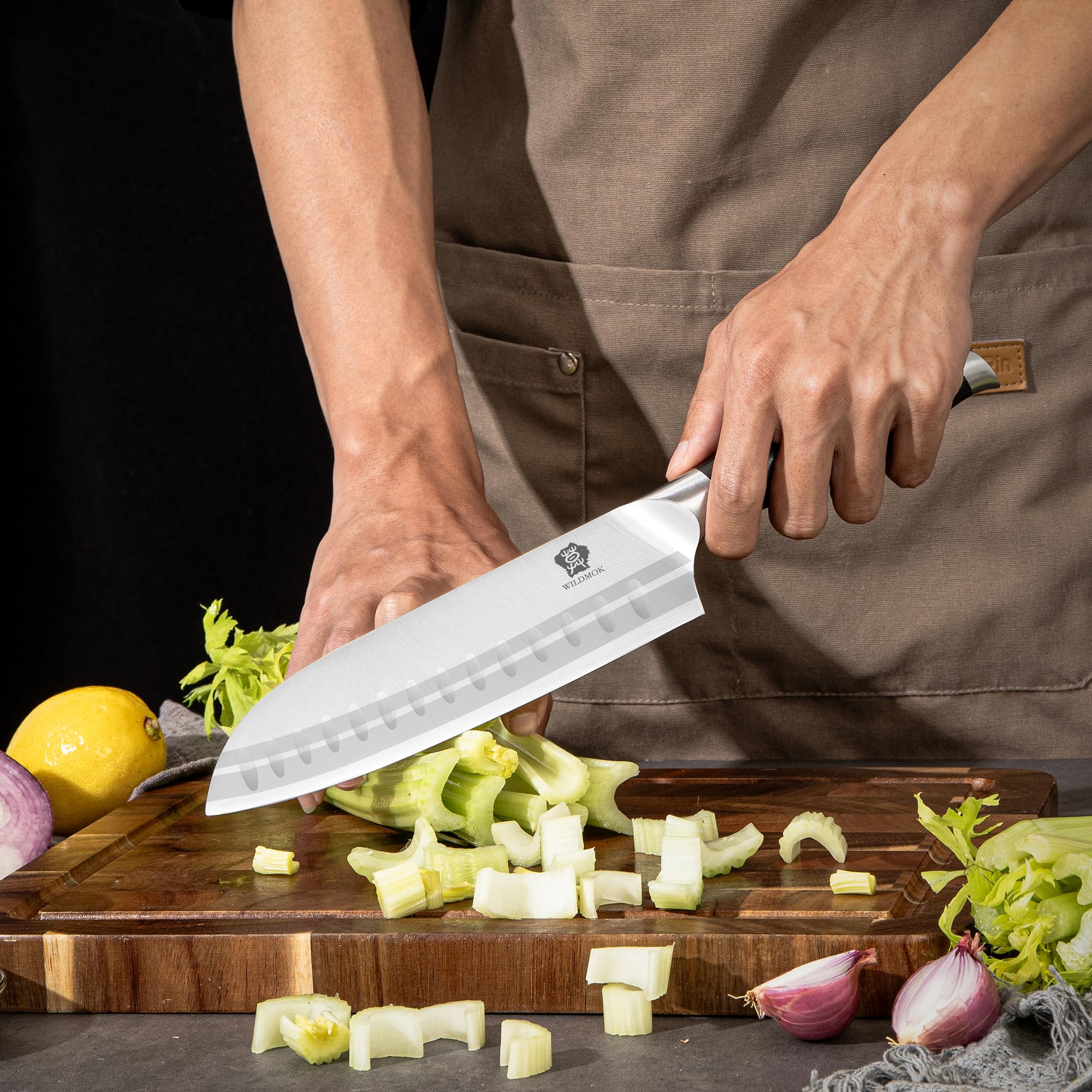 WILDMOK Set di coltelli da cucina a 7 pezzi professionale, set di coltelli da chef affilato in acciaio inossidabile tedesco con manico nero pakkawood, scatola regalo
