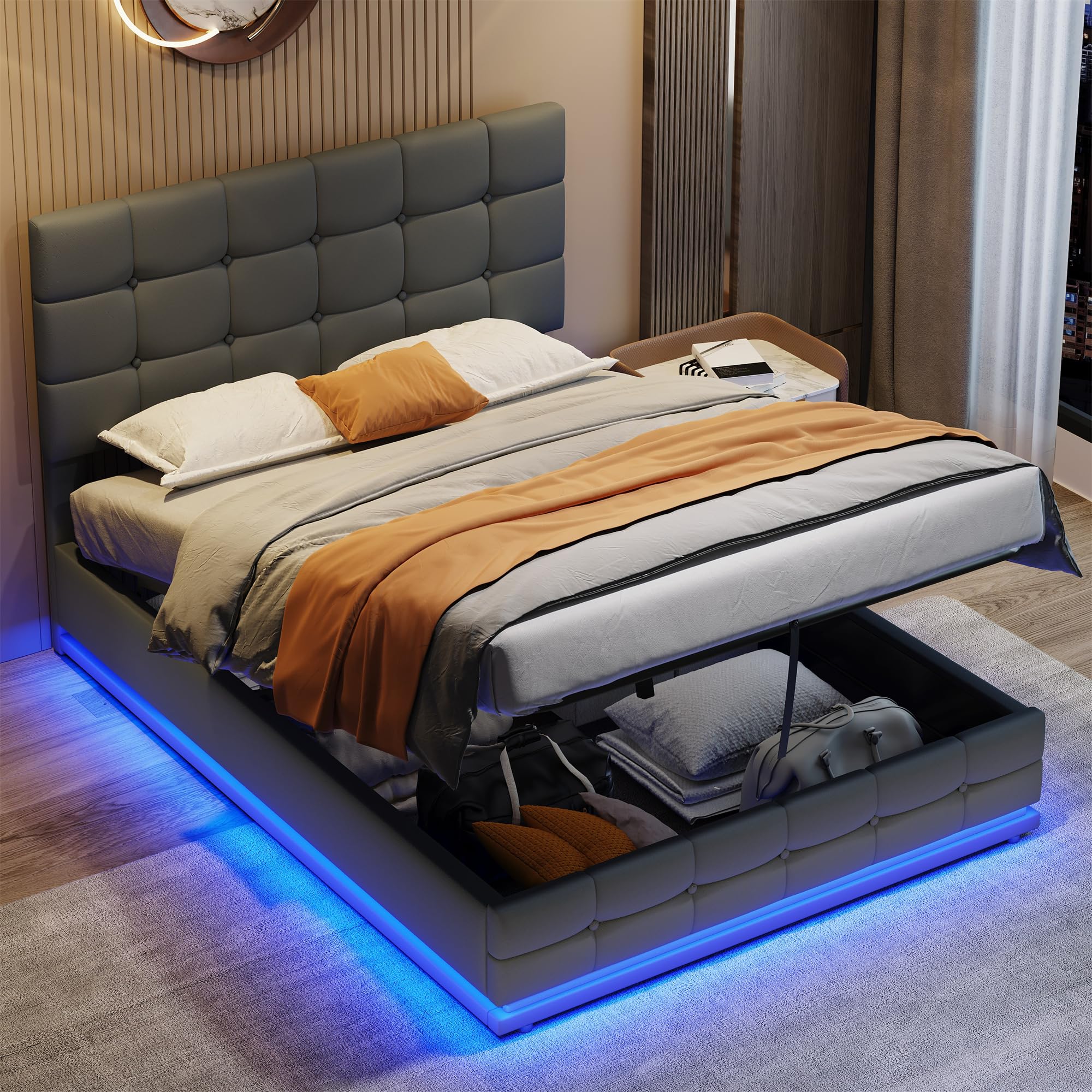 Jaxenor 4ft6 Double Bed Frame with Storage, PU Leather Upholstered Bed Frame with LED Lighting, Ottoman Bed Frame with Adjustable Button Tufted Headboard, No Box Spring Needed, Grey (No Mattress)