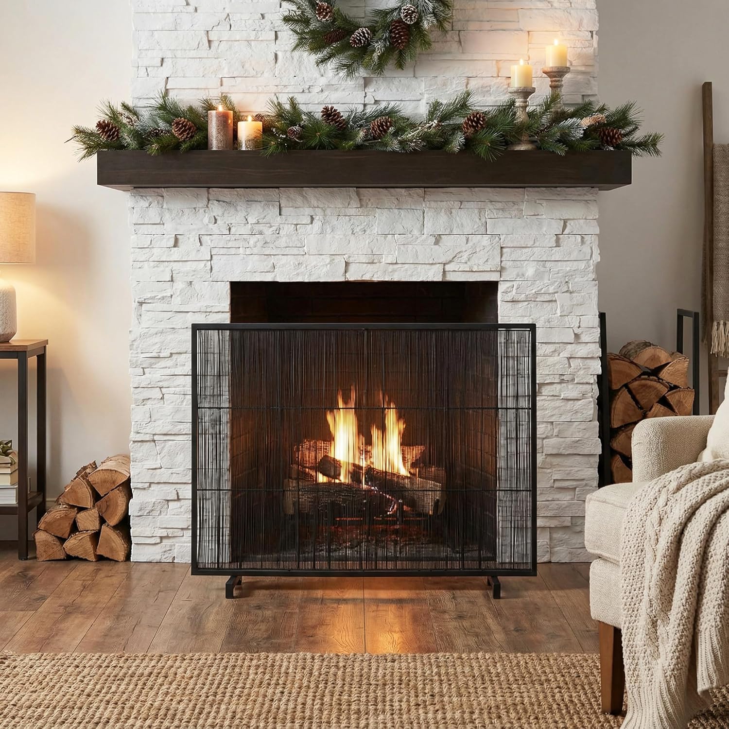 Christopher Knight Home Suho 1-Panel Iron Fireplace Screen with Vertical Bar Pattern, Durable Fire Spark Guard, Rectangular Fire Place Gate Protector for Living Room, 39" x 30", Black