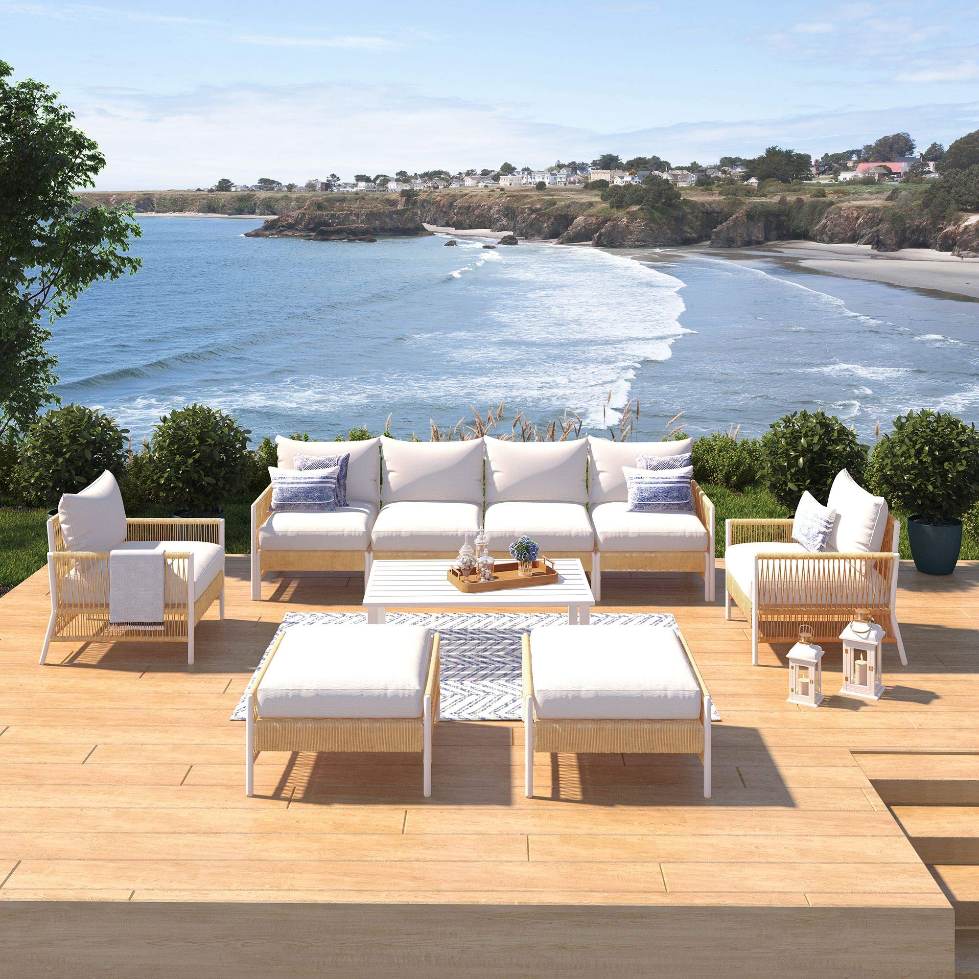 SunHaven Olivia Ivory 9 Piece Outdoor Roped Wicker Sofa Set - Weather Resistant Patio Seating - Patio Furniture Set with Ultra Plush Ivory Cushions - Aluminum Frame Outdoor Couch Set & Coffee Table