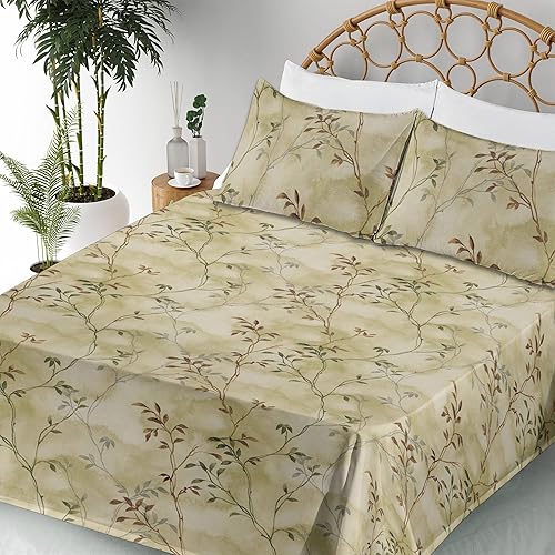 Miniatura 5 de Ambesonne Leaf Print Sheet Set, Watercolor Effect Ornament of Minimal Branches and Leaves Nature Art, Fitted and Flat Sheet with Pillowcases Bedding