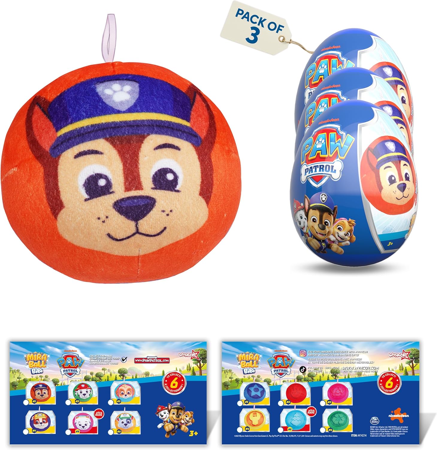 MiraBall Bibi Paw Patrol, Surprise Egg Capsules with Memory Foam Expandable Plush Toys – 3.7" (9.5cm) Soft Collectibles with Surprises Each – Fun Gift for Kids, Parties & Holidays (Pack of 3)