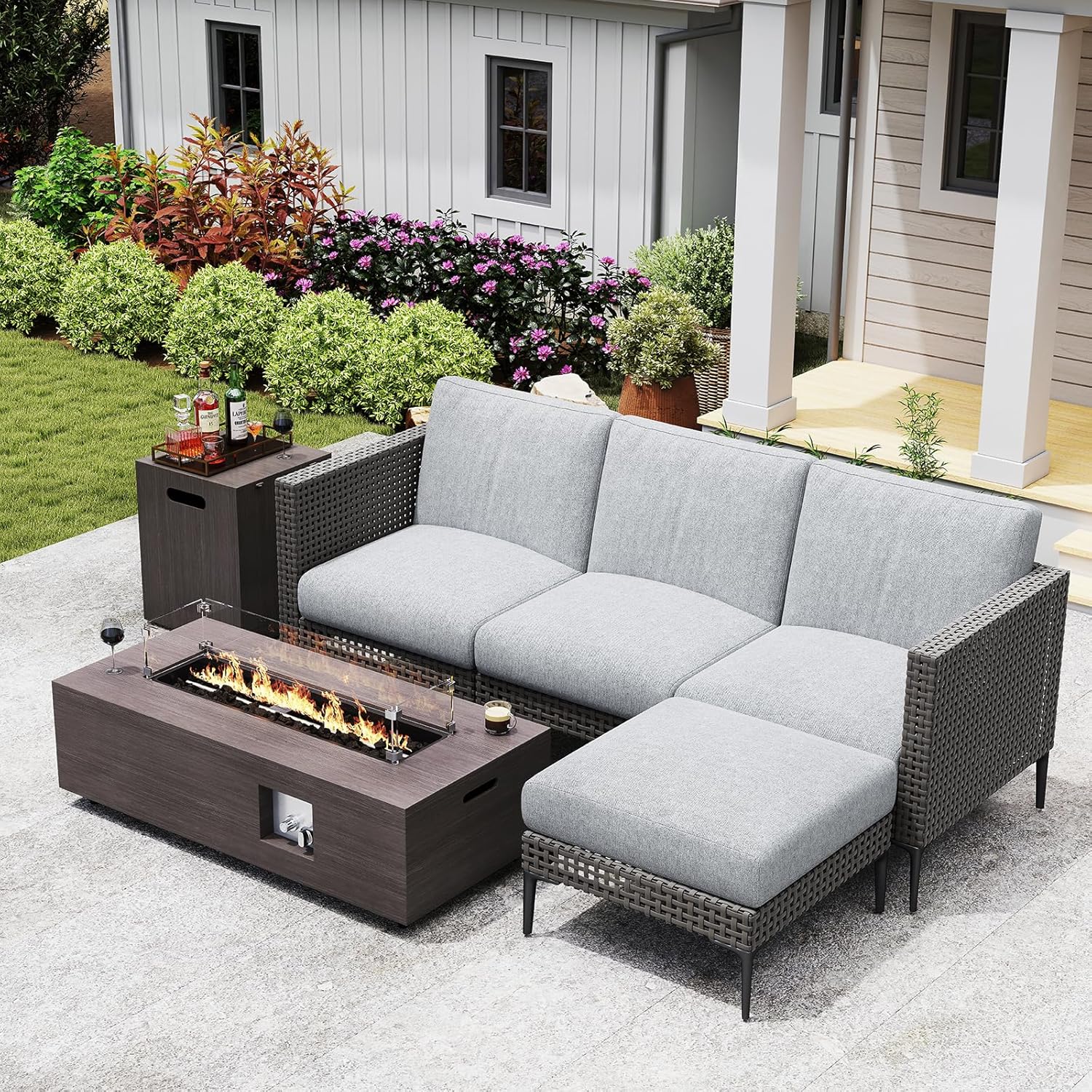 Jocoevol 42 Inch Fire Pit Table with 4 Seat Outdoor Sofa Set 50000 BTU Propane Gas Patio Furniture Sofa for Backyard, Garden, Deck