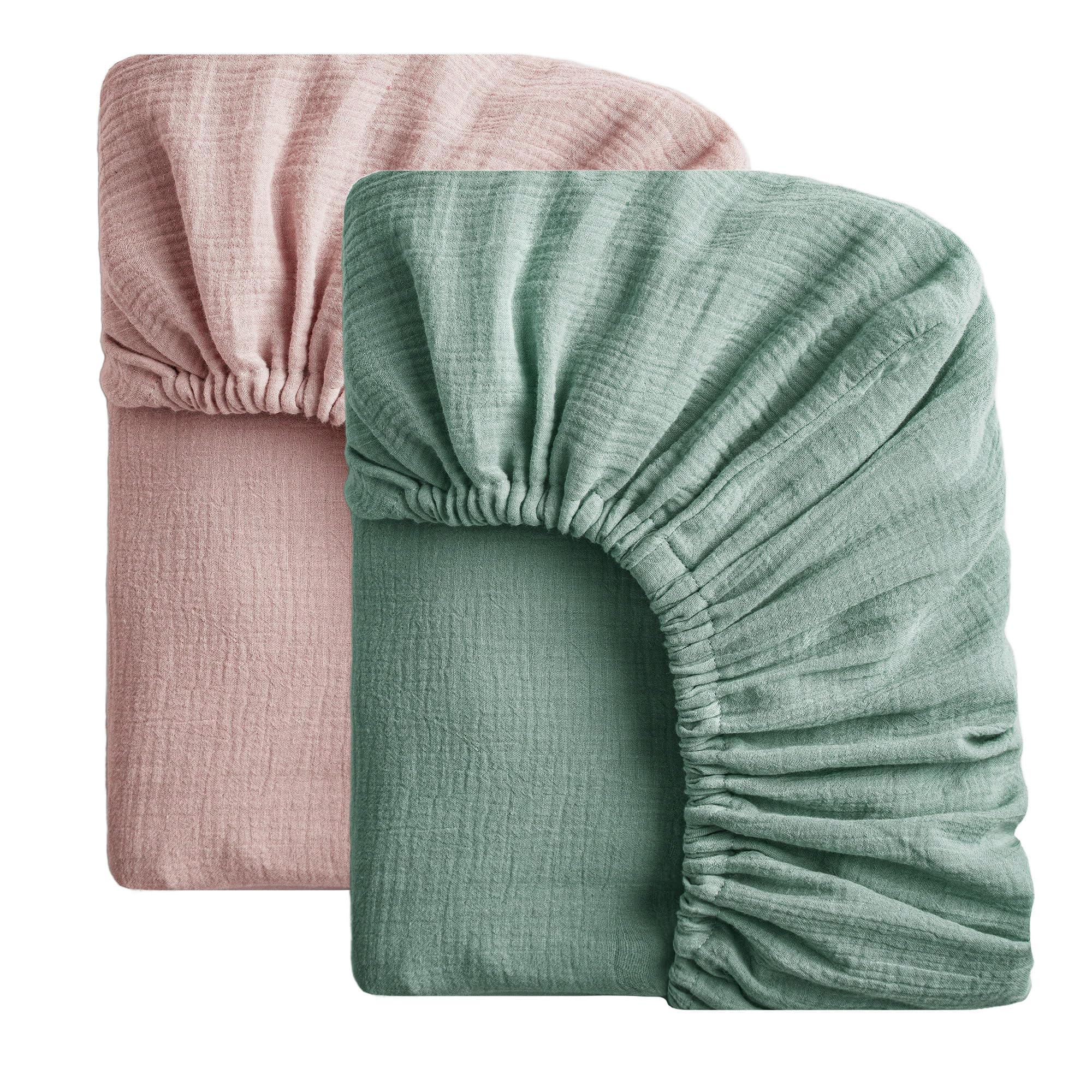 SOULFUL Mini Muslin Crib Sheets for Boys Girls, 2 Pack Soft and Breathable Cotton Fitted Crib Sheets for Standard Crib Mattress (24"x 38", Green &amp; Dusty Rose)