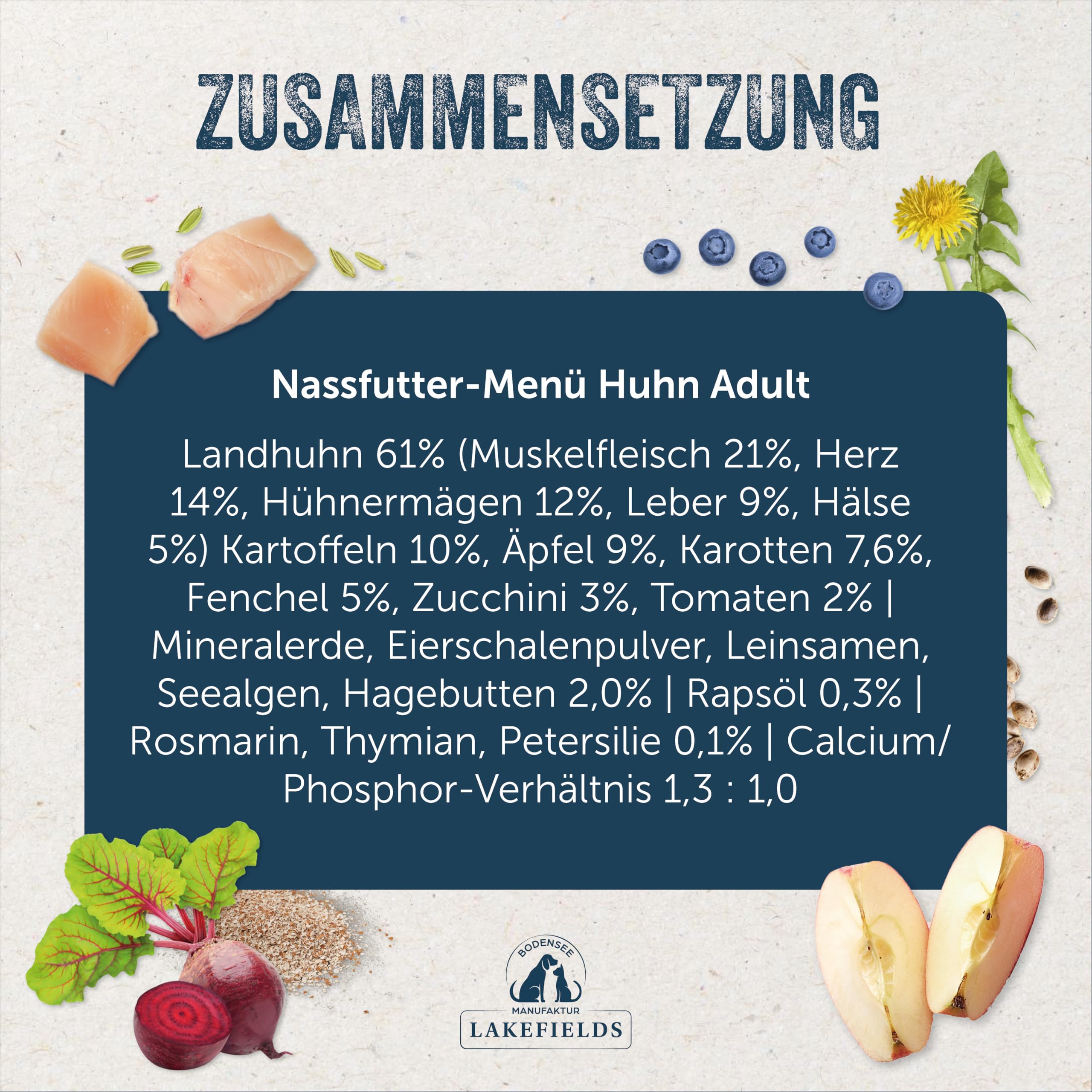 Lakefields Premium Hundefutter Nass | Huhn 61% | 6 x 800g | Getreidefreies Nassfutter für Hunde | Natürliche Zutaten in Lebensmittelqualität | Karotten, Kartoffeln & Apfel | Schonend gegart