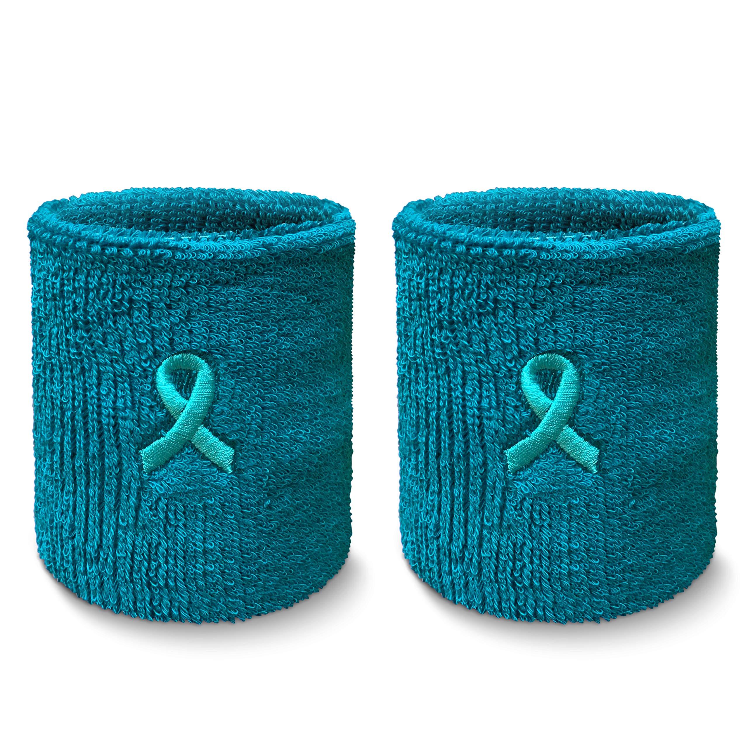 Couver Wrist Sweatband - Solid Cotton Terry Colth Sport Wristband, 1 Pair, Teal w/Ribbon — image 1