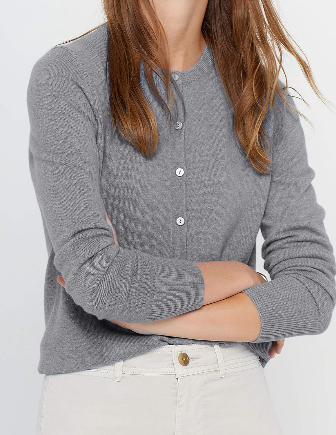 State Cashmere Women's 100% Pure Cashmere Button Front Long Sleeve Crew Neck Cardigan Sweater - Image 3