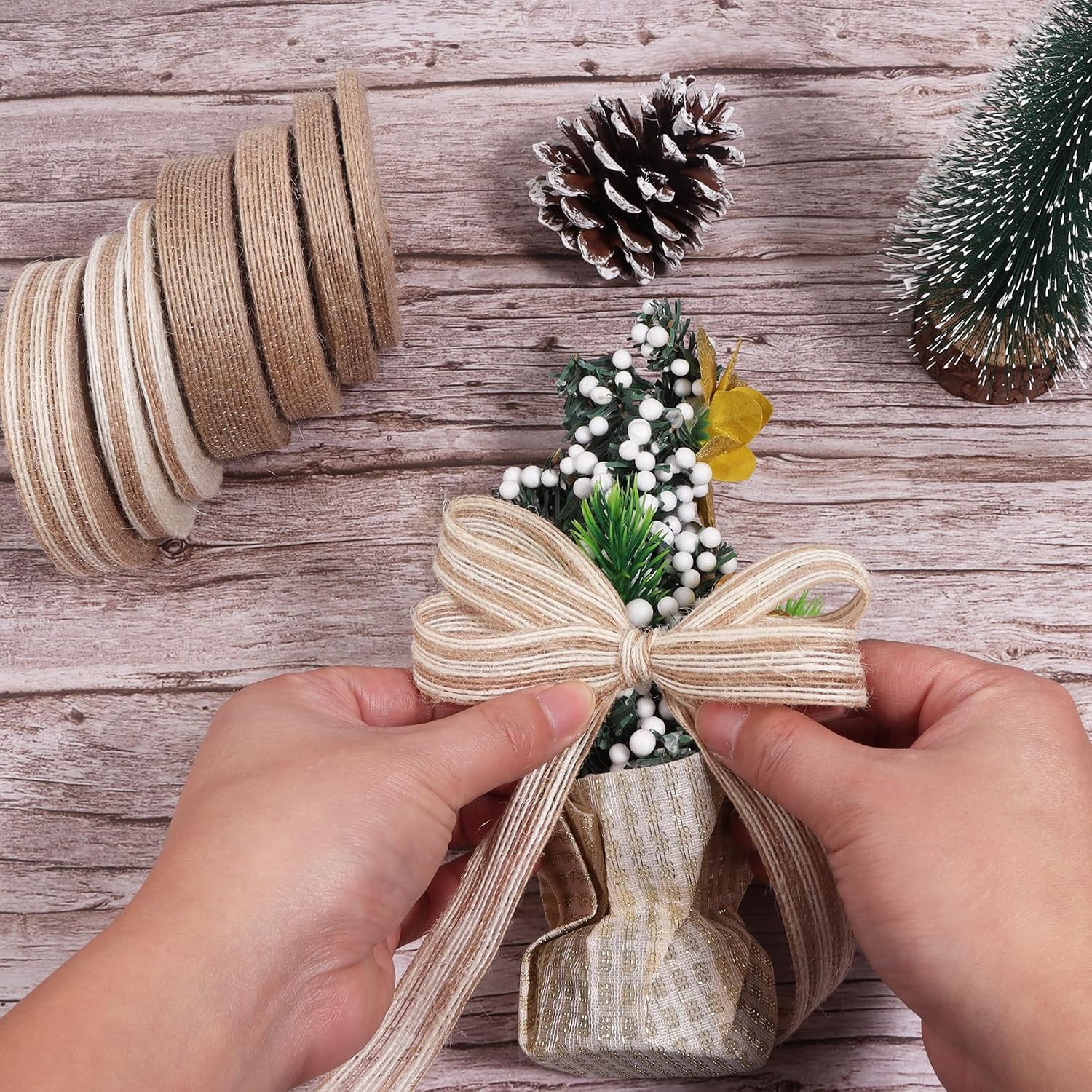 Burlap Ribbon 3/8 inch x 10 Yards Natural Solid Rustic Jute Ribbons for Crafts, Wreath, Garland, Tree Outdoor Decoration, Wedding Decoration, Gift Wrapping (Tan and White)