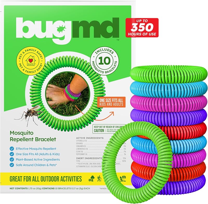 BugMD Mosquito Bracelets, 10 Pack - DEET-Free Bands for Adults and Kids
