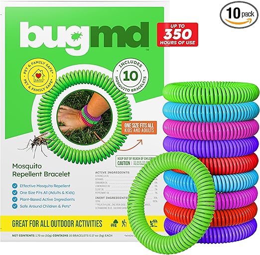 BugMD 10 Pack Mosquito Bracelets, DEET-Free Bands for Adults & Kids, Natural & Waterproof Citronella Wristbands for Camping, Hiking, Beach, Travel & Outdoor Essentials