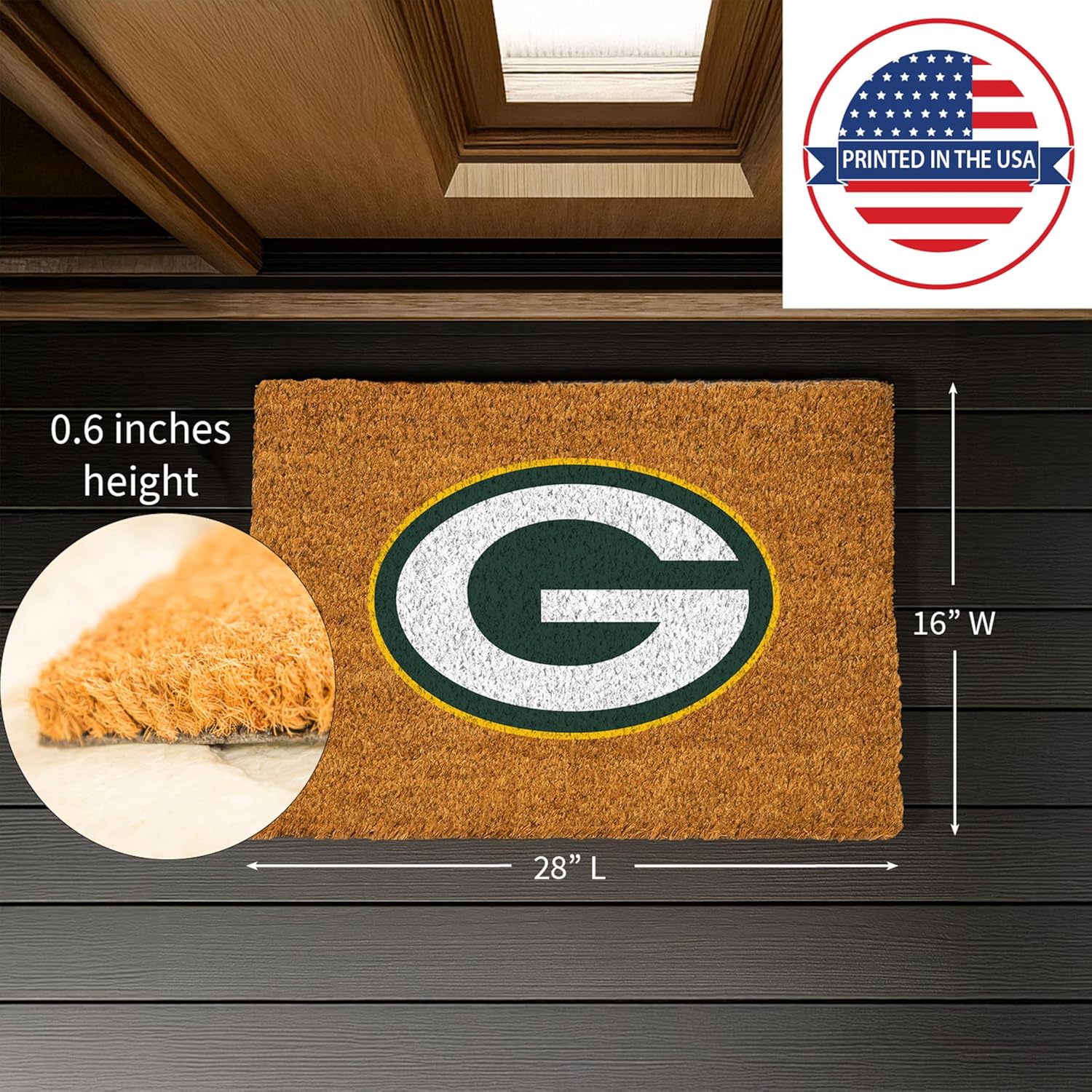 NFL Green Bay Packers Natural Coir Doormat, Official Full Color Team Logo, 28 x 16 Inches, Non Slip Back, Front Door Welcome Floor Mats, Indoor Outdoor Entrance Home Décor