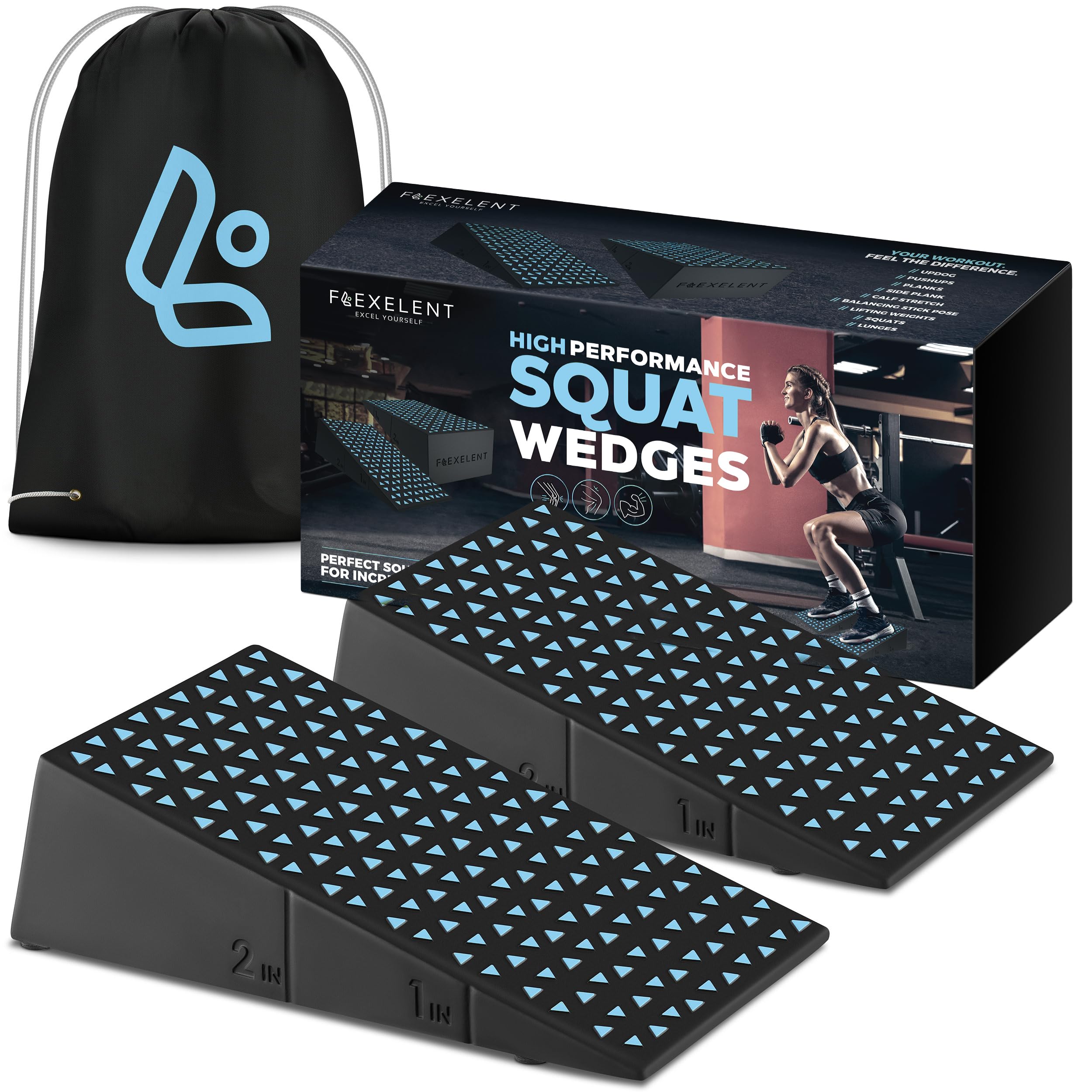 Squat Wedge Block Pair - Non Slip Squat Wedges & Ramp for Exercise, Home Gym, Weight Lifting & Yoga - Calf Stretcher Slant Board to Elevate Heels, Improve Ankle Mobility, Backpack Included for Storage