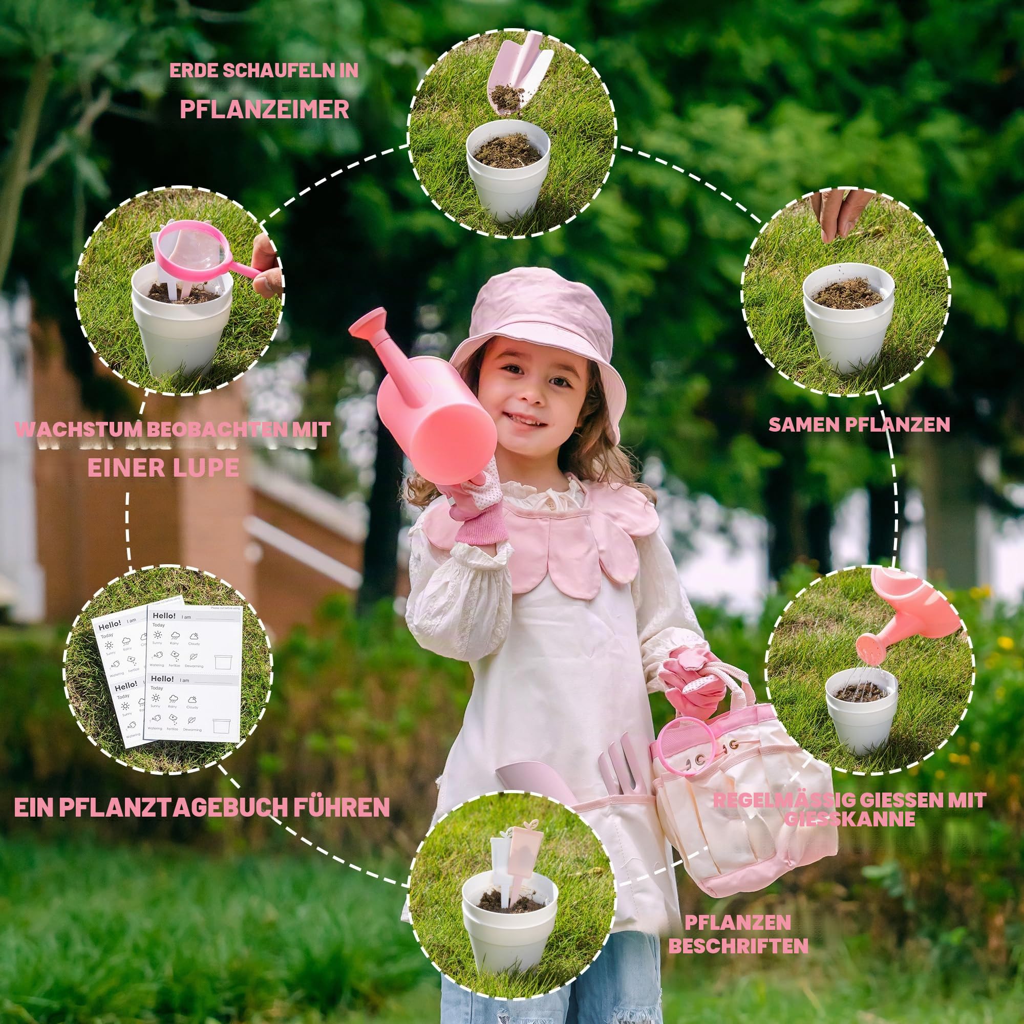 ROBUD Kinder-Gartengeräte-Set, 18 PCS Gartengeräte-Set für Kinder mit Gießkanne, Gartengabel und Schaufel, Zylinderschaufel, Gartenhandschuhen, Schürze, Outdoor-Spielzeug für Kleinkinder, rosa