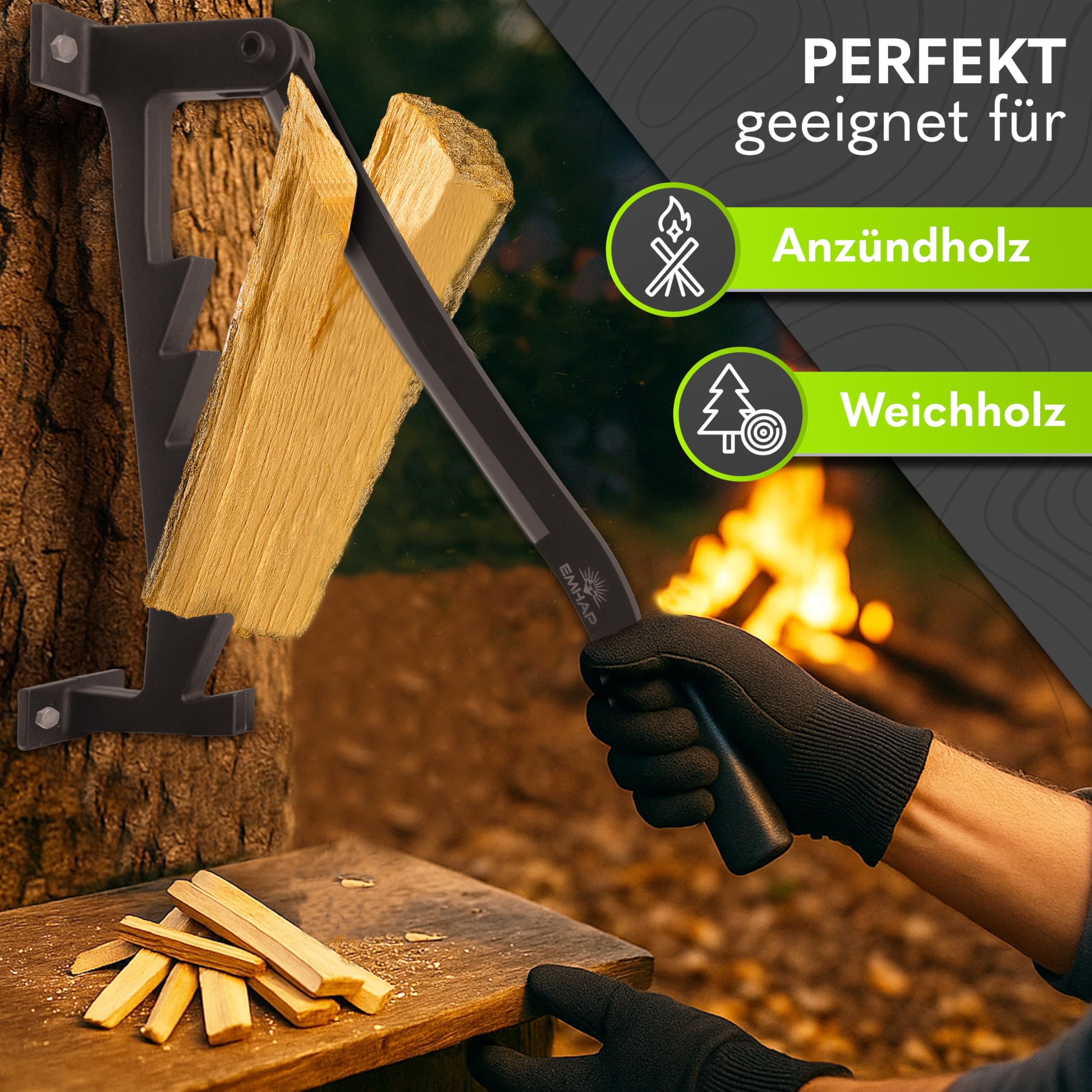 Holzspalter manuell – EXTRA STARKER Holz Spalter zum Holz Spalten auf Hackklotz – inkl. Schärfer & verlängerter Hebel – Kindling Splitter & Woodsplitter für Anzündholz