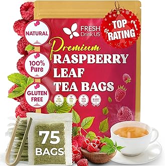 FreshDrinkUS, 75 Bags Premium Raspberry Leaf Teawith Chamomile Flavor, Eases Menstrual Cramps & Supports Healthy Pregnancy, Naturally, Caffeine-Free, Sugar Free, Vegan