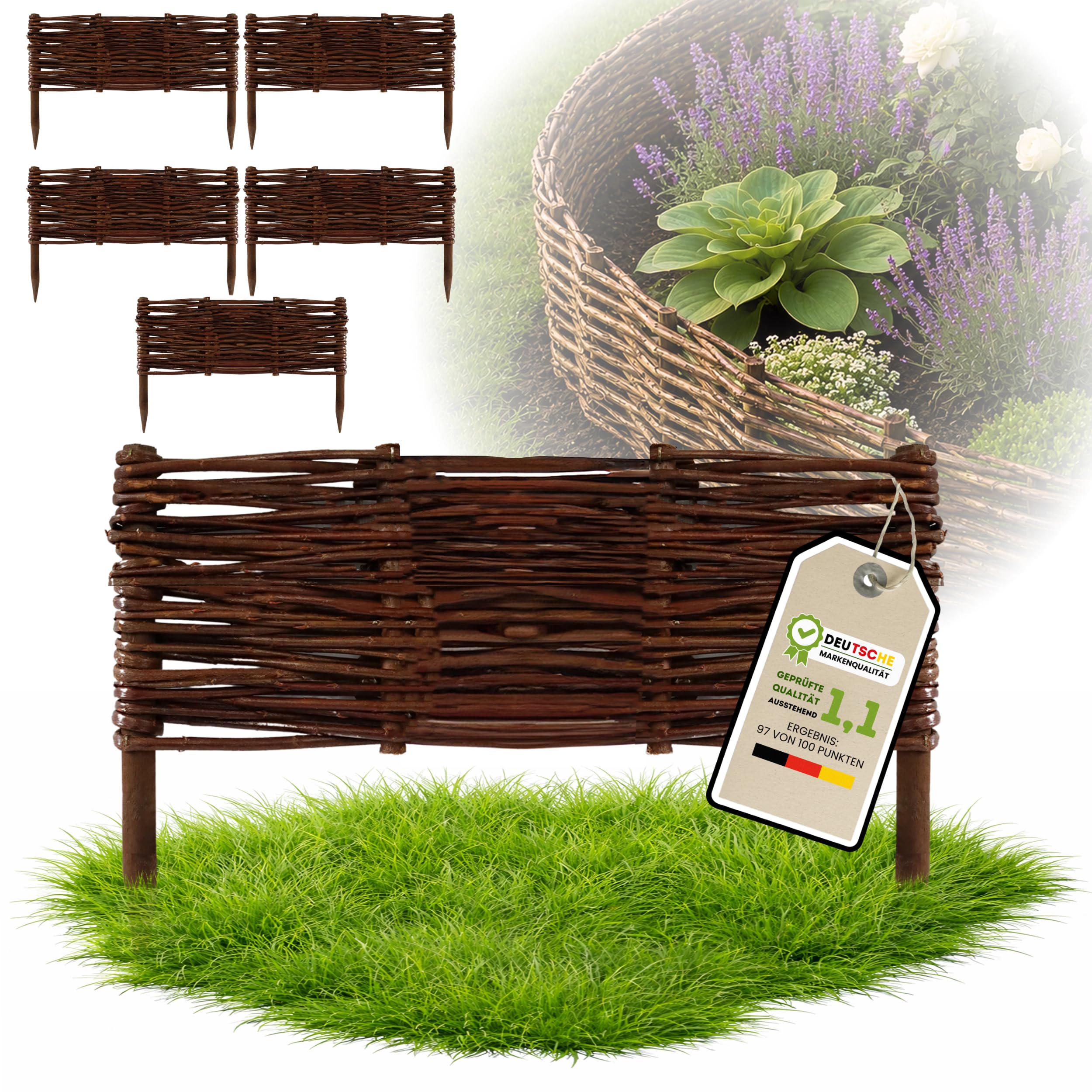 Floranica 5 pezzi Recinzione in vimini 20 cm x 40 cm – Staccionata da giardino intrecciata Palizzata Recinzione naturale Bordo aiuola