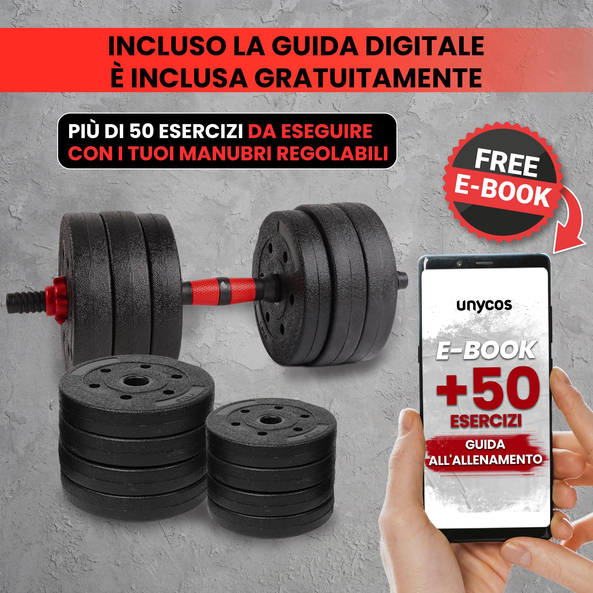 unycos - Manubri Regolabili con Dischi 20 kg【E-Book con 50 Esercizi】Coppia di Pesi con Barra di Collegamento Antiscivolo per Allenamento, Palestra in Casa, Fitness (Red Transformer)