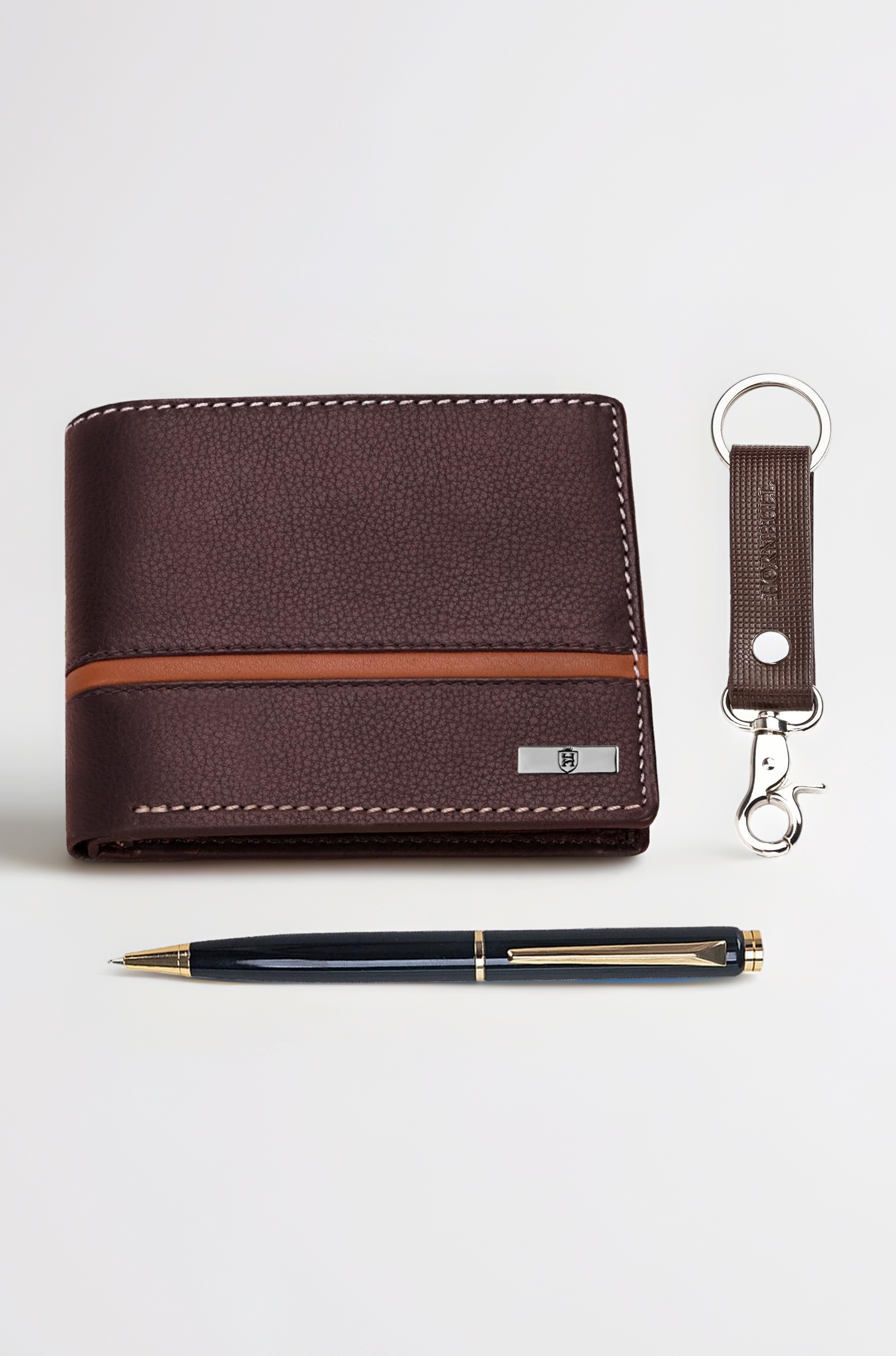 Denial Brown Mens Leather Purse Combo Gift Set | Leather Wallet, Key Ring & Pen Combo Valentine Gift Hamper | Branded Mens Wallet