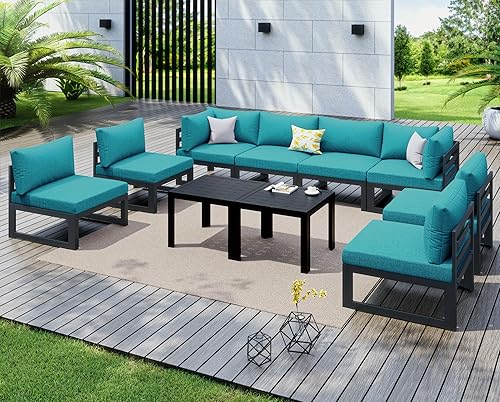 Miniatura 380 de NICESOUL 7 Piece White Powder-Coated Aluminum Patio Furniture with Fire Pit Table, 29 Inch Extra Wide Outdoor Sectional Sofa for 6, High-End Heavy