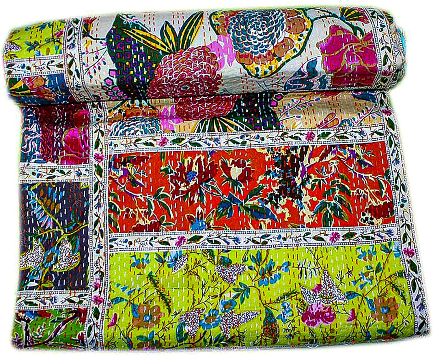 Indian Handmade Ikat Print Cotton Kantha Quilt, Handmade Kantha Quilt Cotton Bed Cover Hand Stitched Gudari, Bohemian Kantha Throw (Yellow, Twin - 90"x 60" Inches)