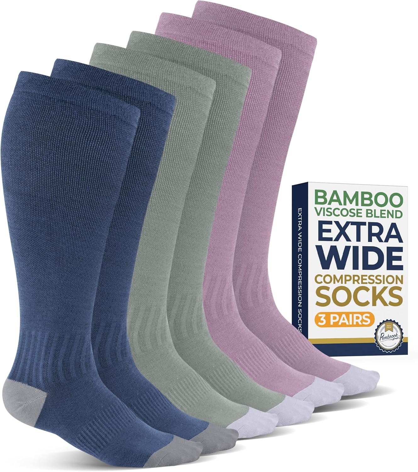 Pembrook 3 Pairs Plus Size Compression Socks Wide Calf - Bamboo Viscose Compression Socks for Women Wide Calf