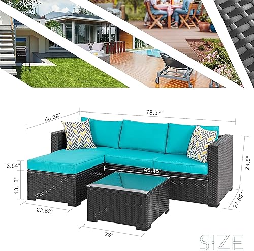 Miniatura 2 de Shintenchi Juego de muebles de patio de 3 piezas, juego de conversación de patio seccional de mimbre negro para exteriores, sofá de patio de ratán