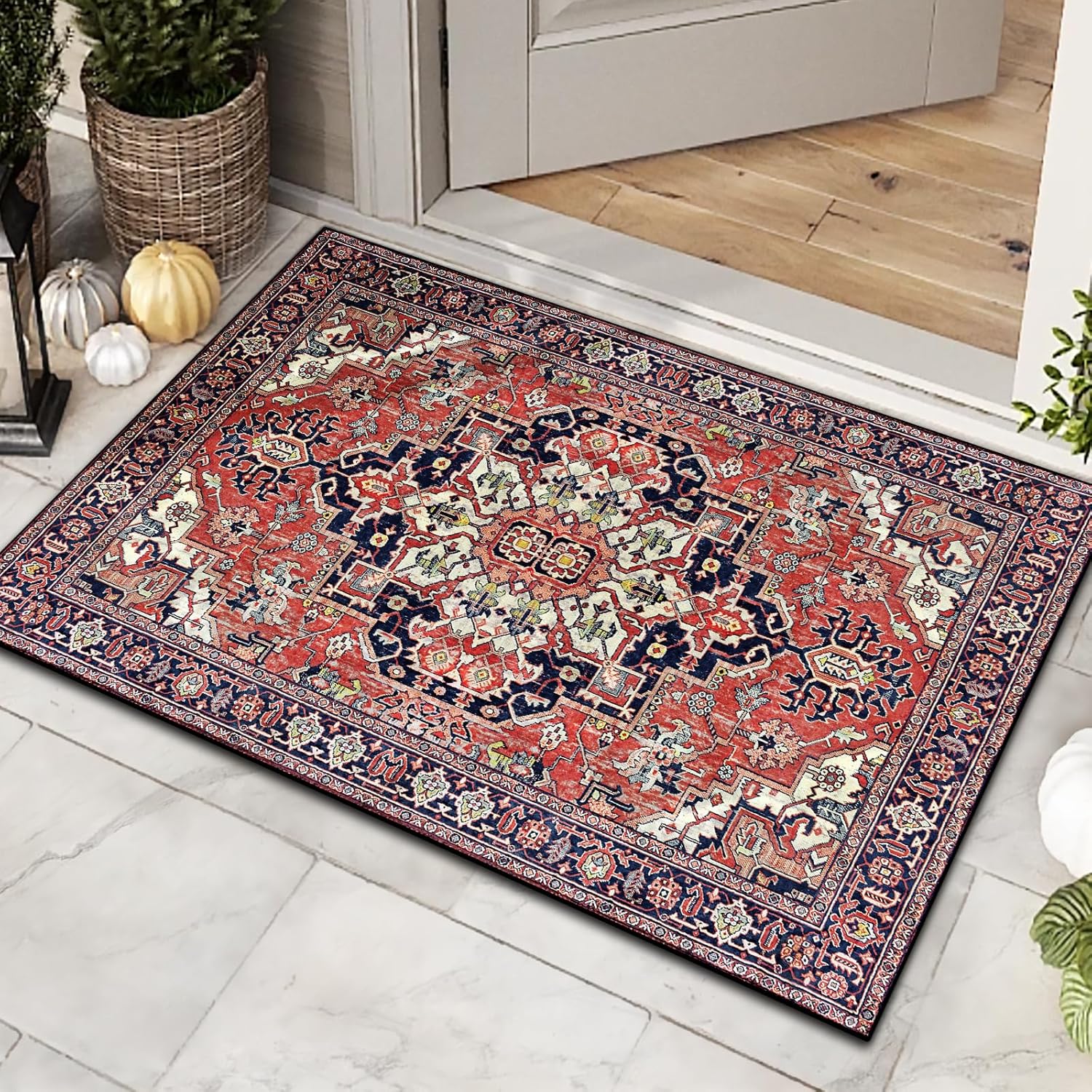 Small Area Rugs 2'x3' Washable, Non-Slip Distressed Vintage Doormat Entry Rug for Enteryway Bedroom,Kitchen, Bathroom, Indoor Front Door, Brick Red Low Pile Rug