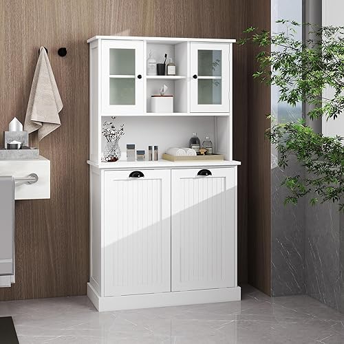 Miniatura 3 de Armario alto de baño con cesta de lavandería inclinable, armario de almacenamiento para cuarto de servicio con dos puertas de vidrio, estantes de