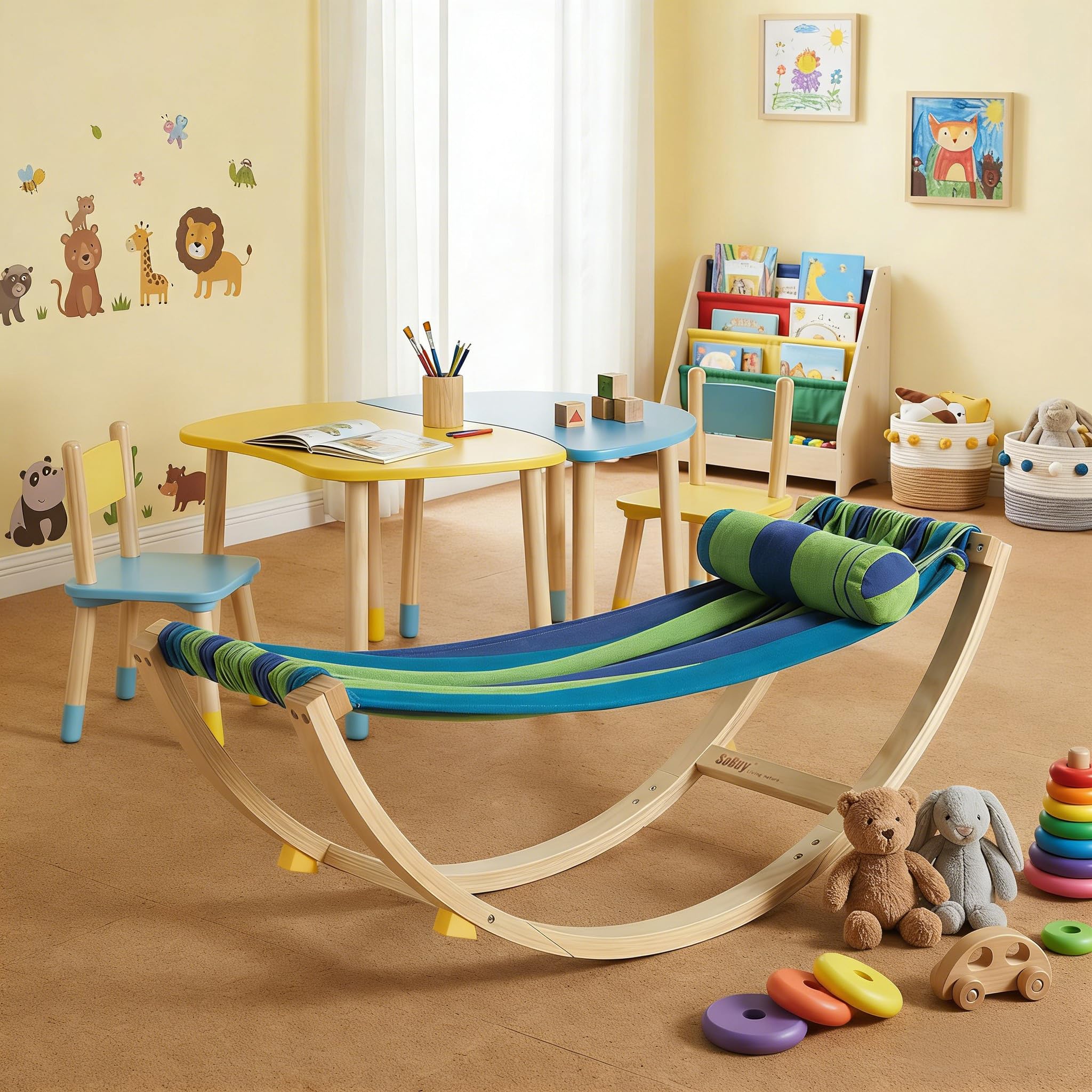 SoBuy Amaca da Giardino Sdraio a Dondolo per Bambini Poltroncina per Bambini Lettino Prendisole in Legno con Dispositivi di Sicurezza per Cameretta o Giardino 122x36x48cm KMB16-J