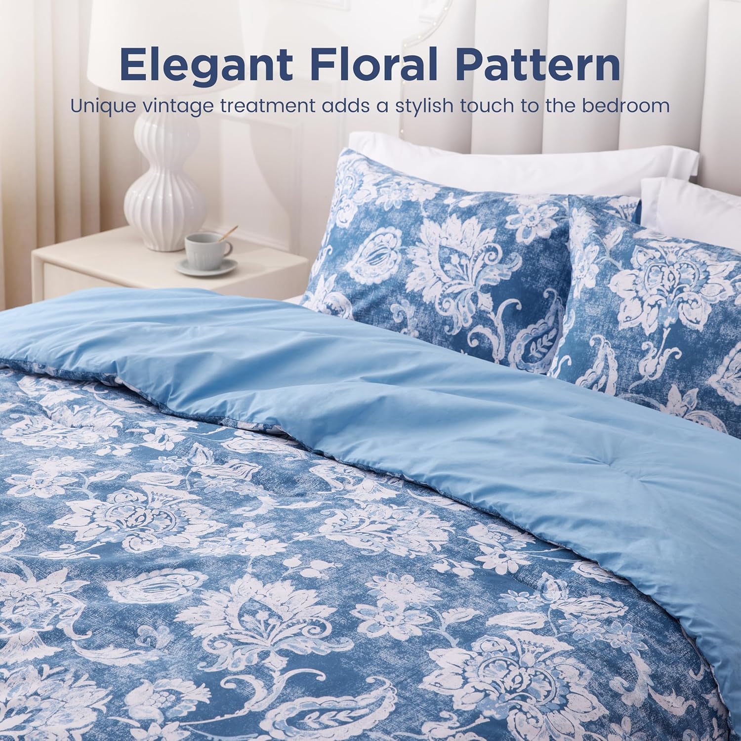 Sophia & William Blue and White Floral Queen Size Comforter Set, 3 Pcs Cotton Comforter Set with Flower Pattern Printed Comforter & 2 Pillowcases, All Season Lightweight Bedding Set