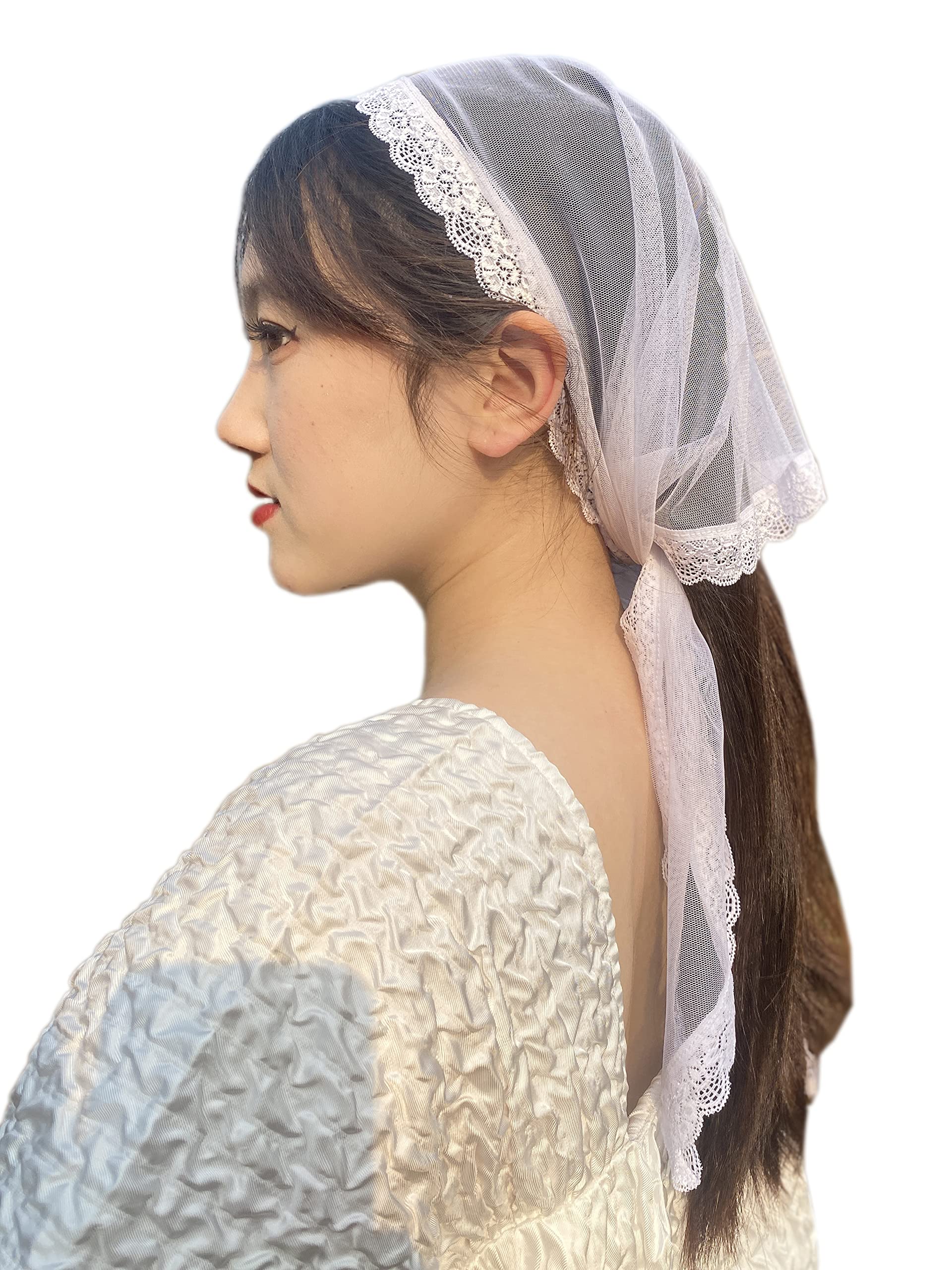 YuRongsxt Triangle Chapel Veil Mantilla Lace Headcovering Catholic Latin Mass M15, White, Large