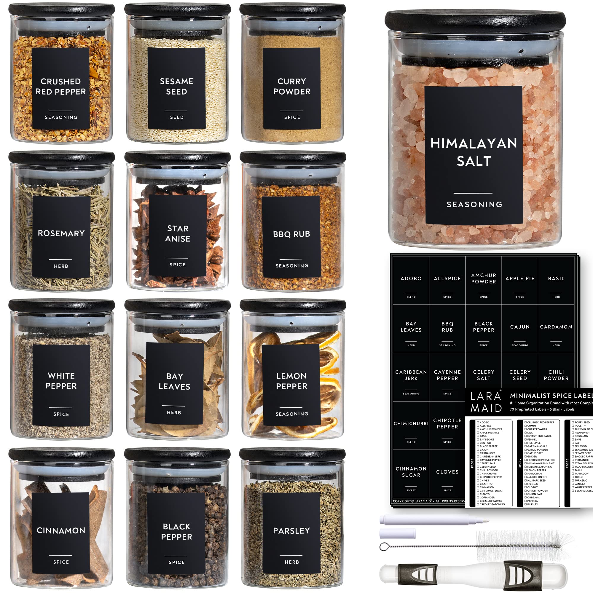 Laramaid 6oz 12Pack Spice Jars with Black Vinyl Spice Labels, Round Jars with Black Bamboo Lids, Minimalist Premium Labels, Adjustable Measuring Spoon and White Pen, Storage Container Canisters