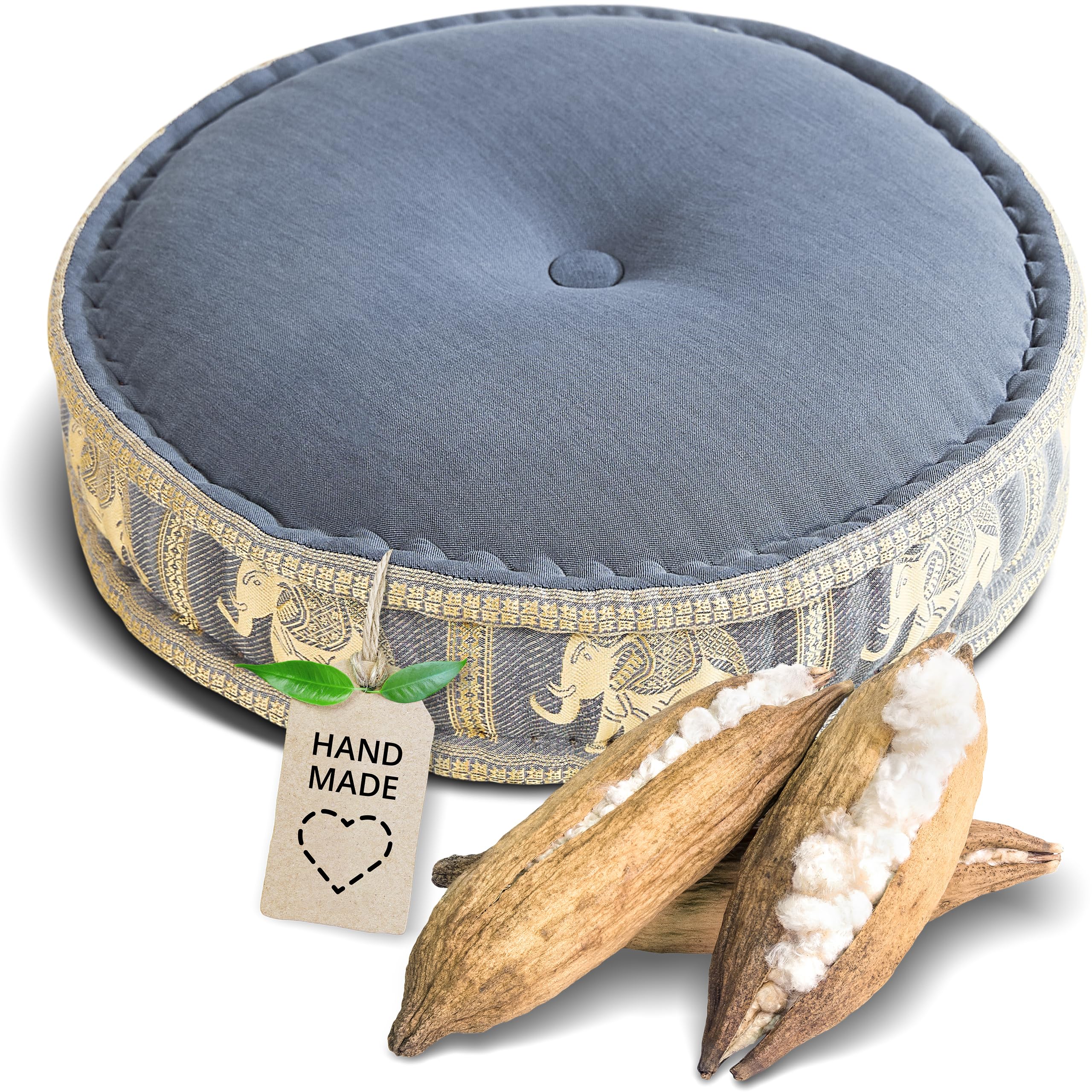 Livasia Grey/Elephants, Silk Meditation Cushion With Thai Silk - Ø 18X6″ - Yoga Cushion Kapok, Pouffe, Floor Cushion Yoga Zen Meditation, Seat Cushion Garden Balcony, Zafu ()