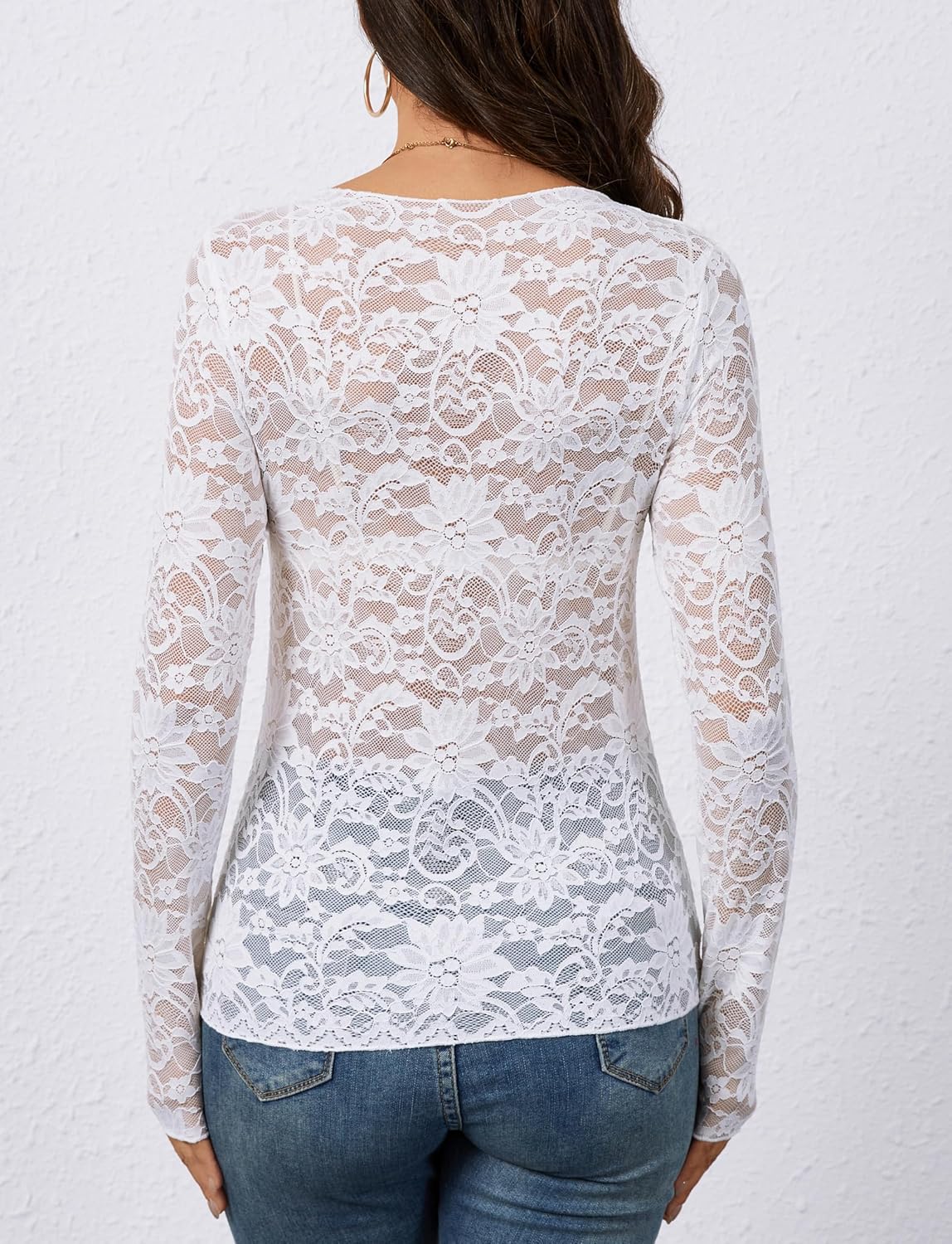 OMSJ Womens Lace Floral Mesh Tops Long Sleeve Sexy See Through Blouse Round Neck Layering Top Shirts - Image 5