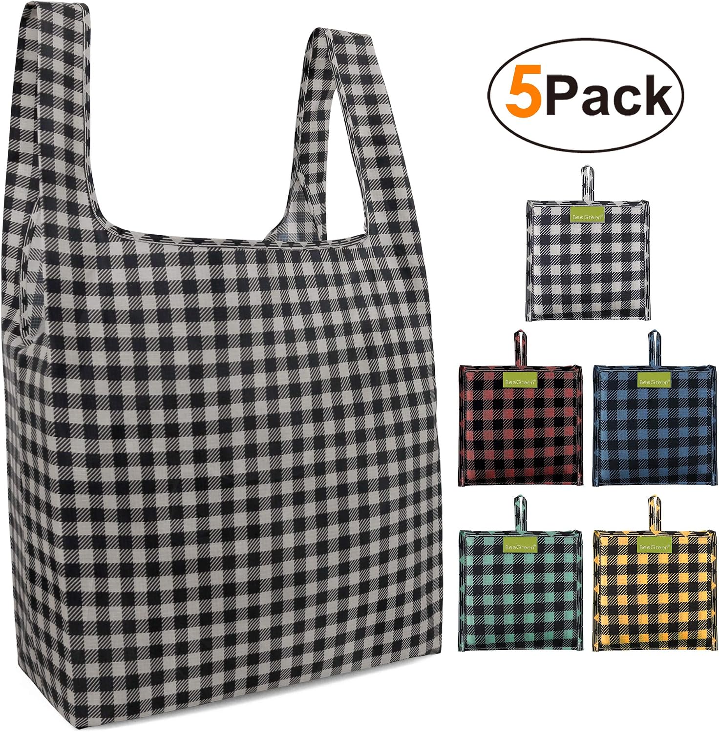Reusable Grocery Bags Set, Grocery Tote Foldable into Attached Pouch, Ripstop Polyester Reusable Shopping Bags, Washable, Durable and Lightweight (Black Red Blue Green Yellow)