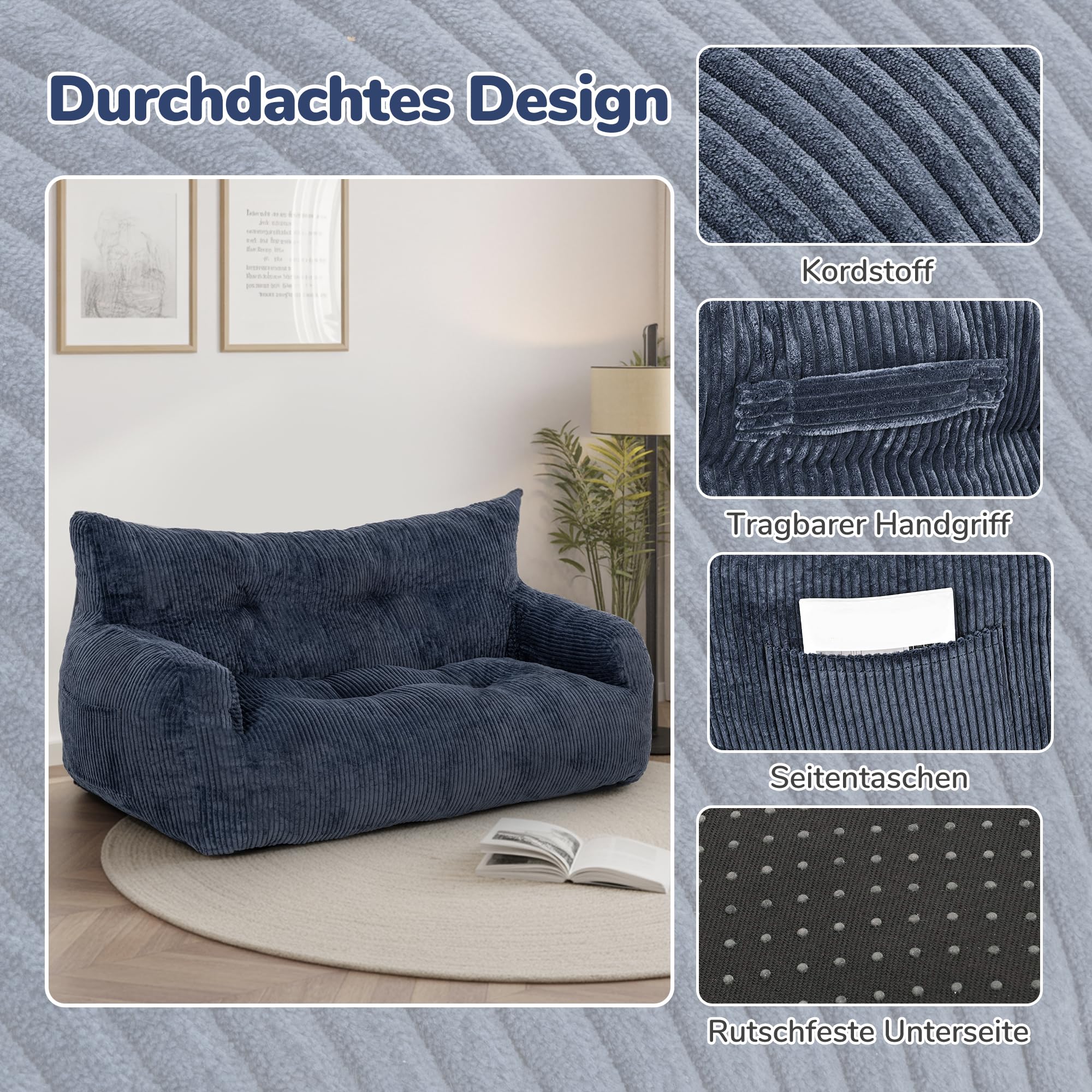 Pamapic Sitzsack für Erwachsene, Doppeltes Sitzsack mit Füllung, Sitzsack Sessel mit Tragbarem Griff & Seitentaschen, Lounge Sessel für Wohnzimmer, Schlafzimmer, Spielzimmer, 80 x 150 x 65 cm, Blau