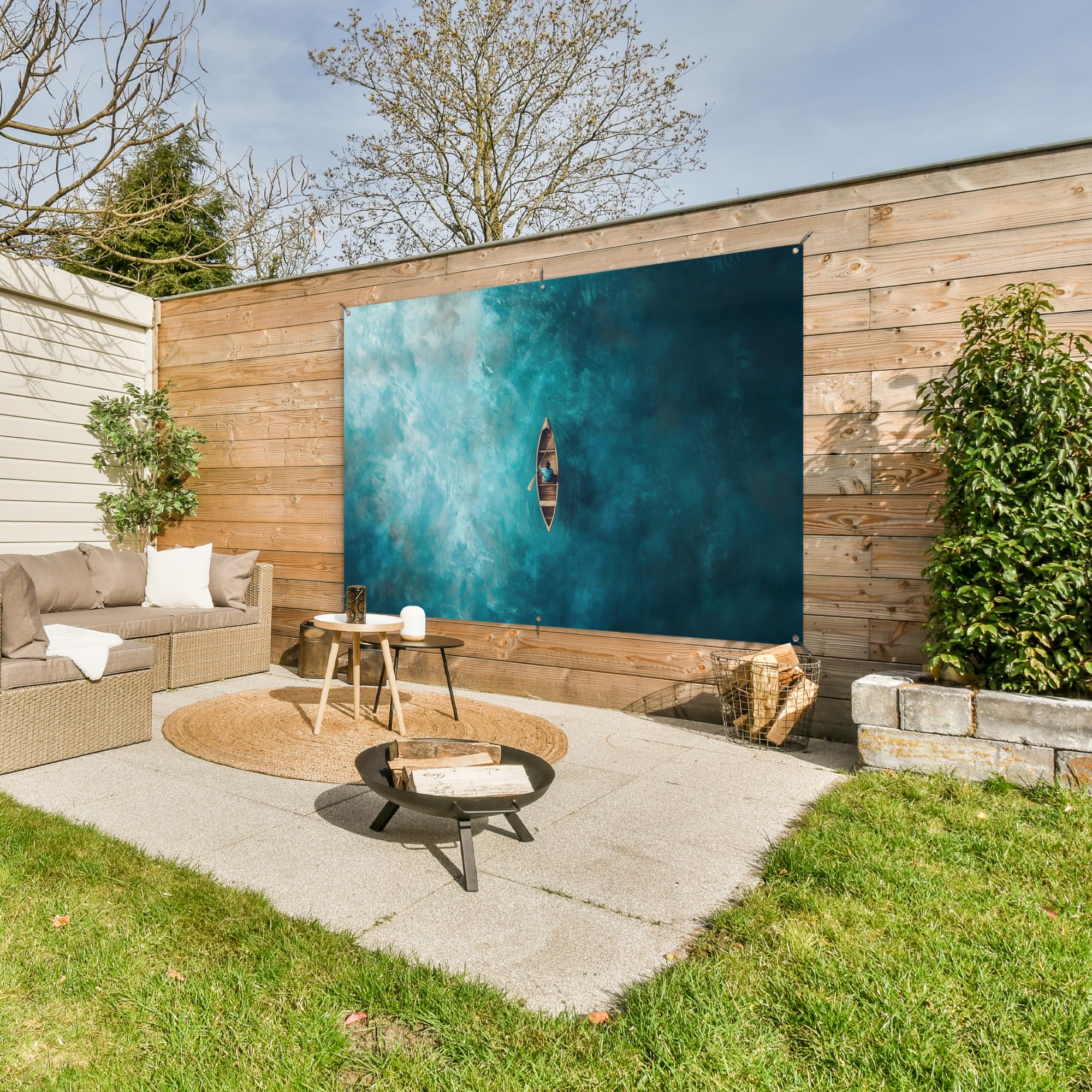 MuchoWow© Decoracion Jardin Exterior Decoración Pared Póster De Jardín | 180x120 cm - Balcón Wall Decoration Patio Posters Decorativos Terraza Barco - Agua - Azul