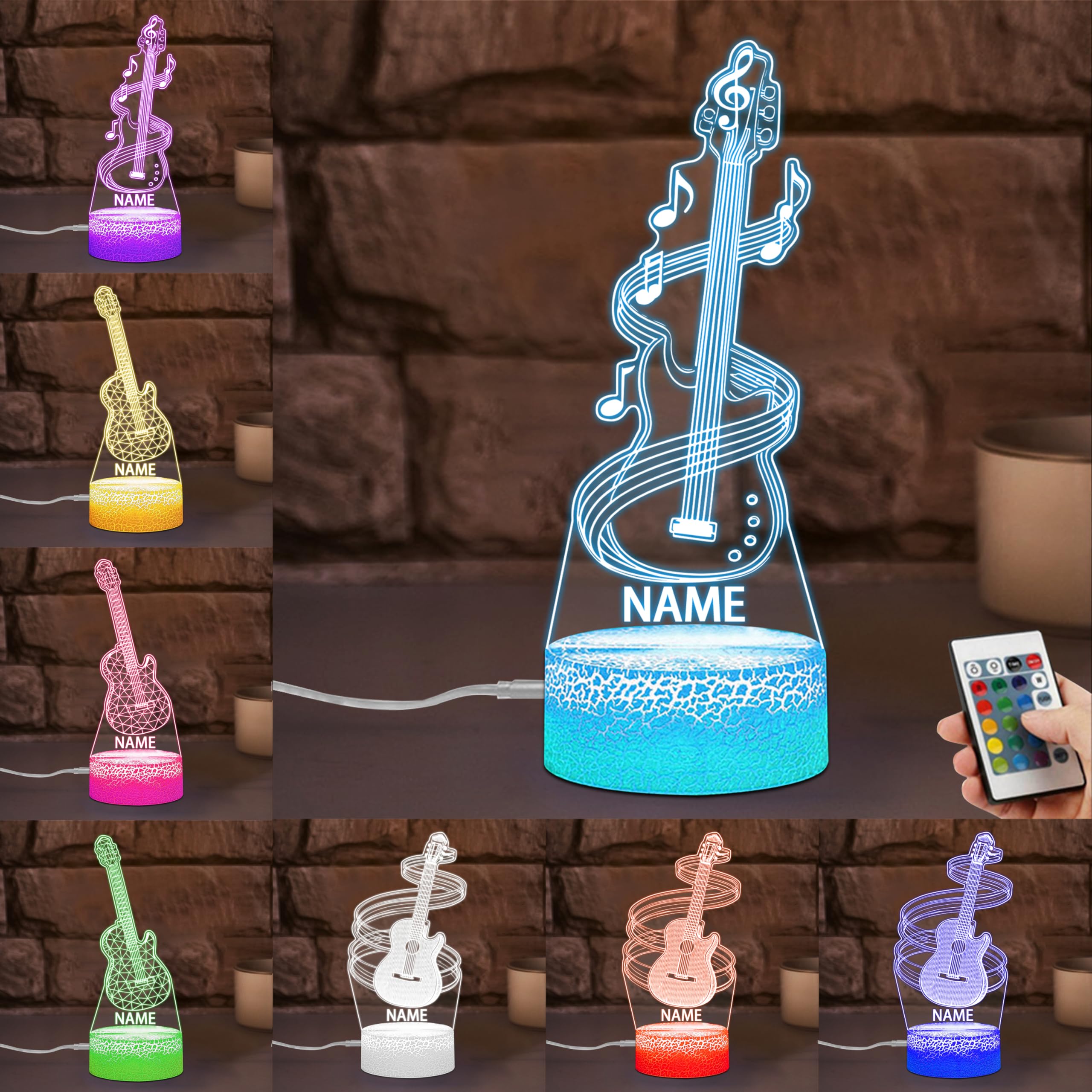 SSRUI Personalized Guitar 3D Illusion Night Light Custom Name Guitar LED Lamp with Multiple Colors Changing, Musical Decoration for Bedroom Living Room, Gifts for Music Lovers