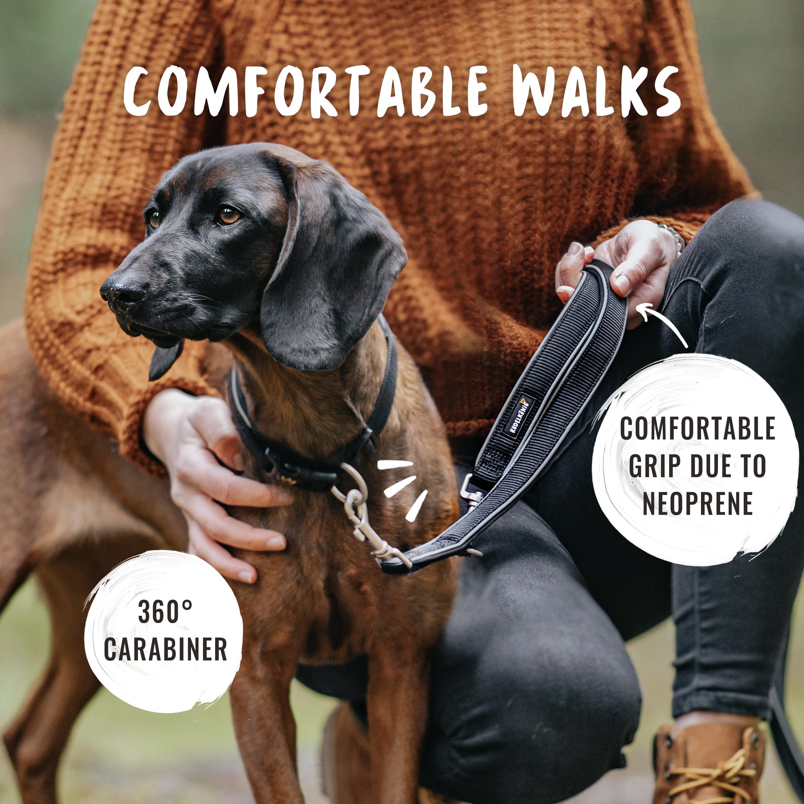 Rudelkönig Guinzaglio addestramento per cani Paola - Lunghezza 2,30m - Guinzaglio per cani regolabile per cani di taglia media & grande in nero