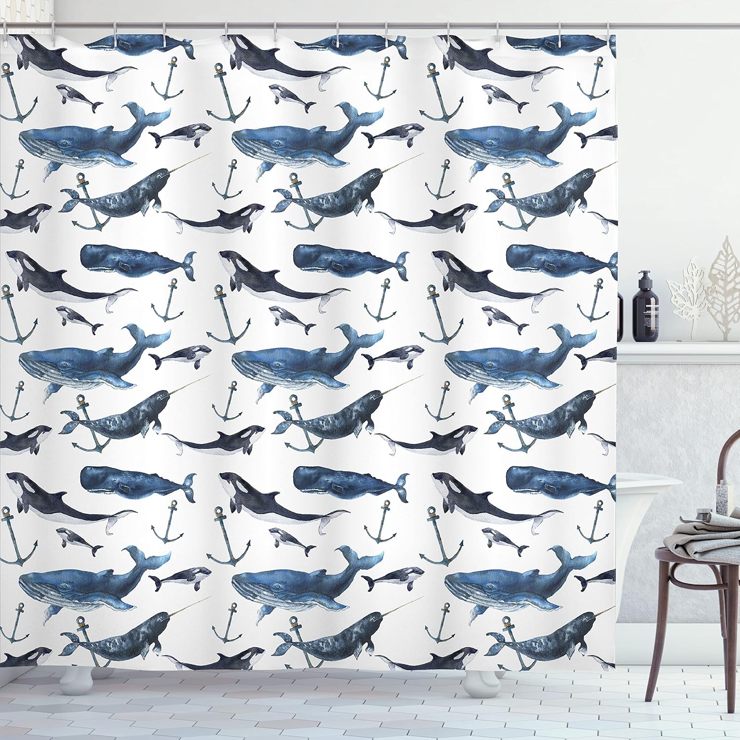 Ambesonne Narwhal Shower Curtain, Watercolor Narwhals Orcas and Blue Whales with Anchors Arctic Fauna, Cloth Fabric Bathroom Decor Set with Hooks, 69" W x 70" L, Blue Grey Dark Blue