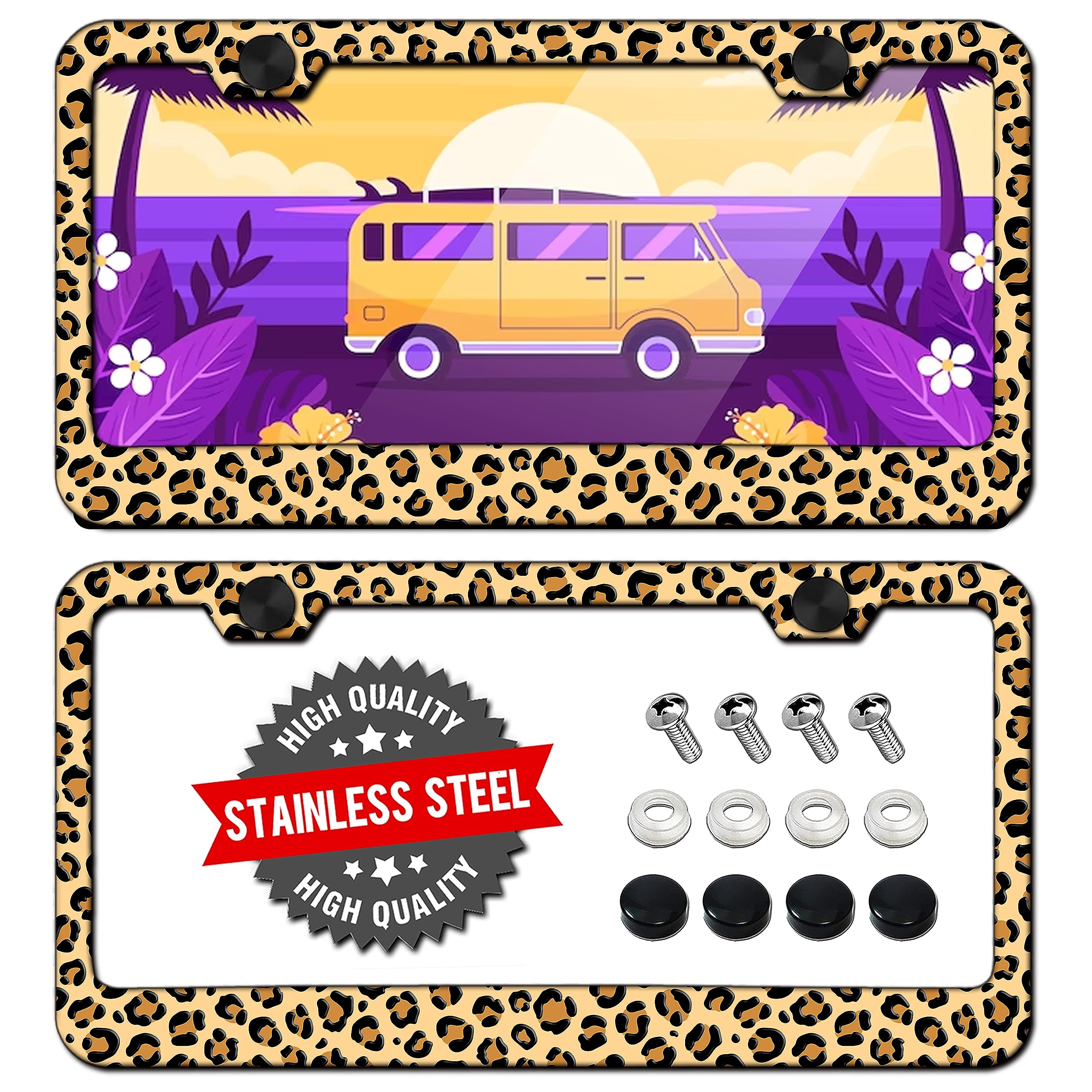 Photo 1 of Leopard Print License Plate Frames Holders Stainless Steel Leopard Cheetah Print License Plate Cover with Screw Caps Cover - 2Pcs 2 Holes for Girl Women Men (Leopard Cheetah) Cheetah Leopard Print License Plate Frames