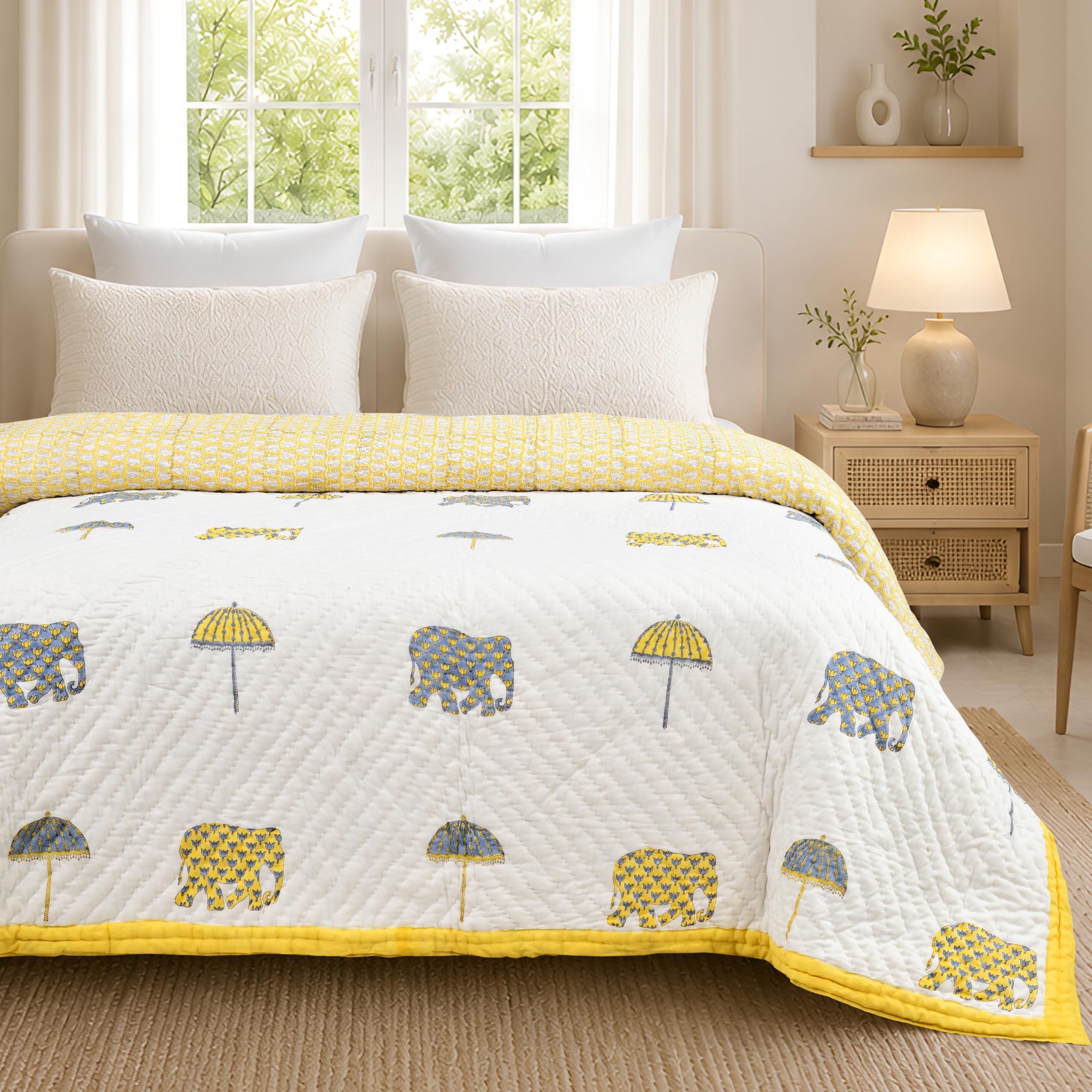 Pure Cotton Double Bed Quilt 90x108 | 400 TC Hand Block Surya Gaj Printed Cotton Razai, Pure Cotton Filling, Hand Quilted, Soft & Breathable, All Season-image-32