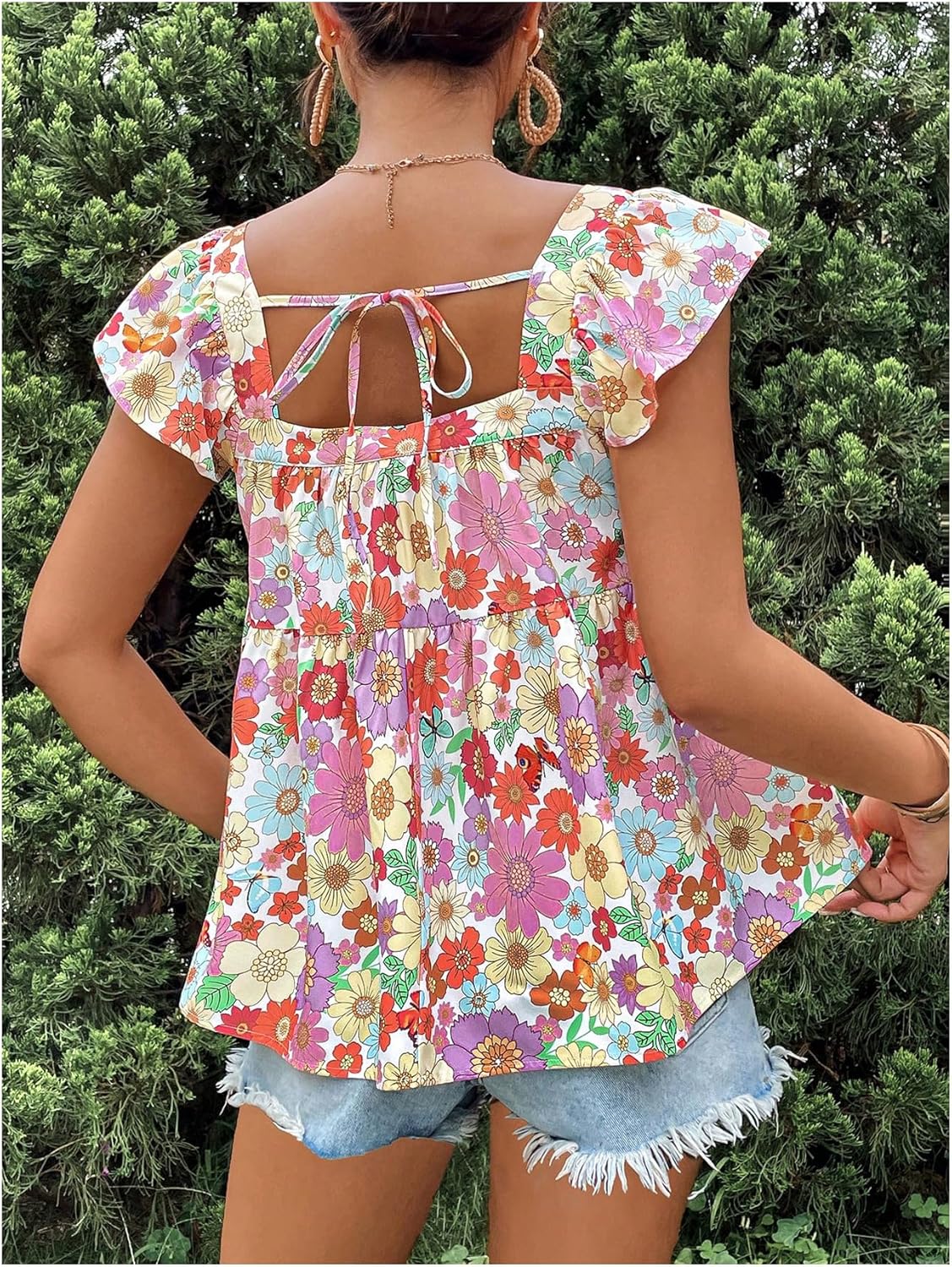 Floerns Women's Floral Square Neck Cap Sleeve Blouse Tie Back Flared Hem Peplum Top - Image 3