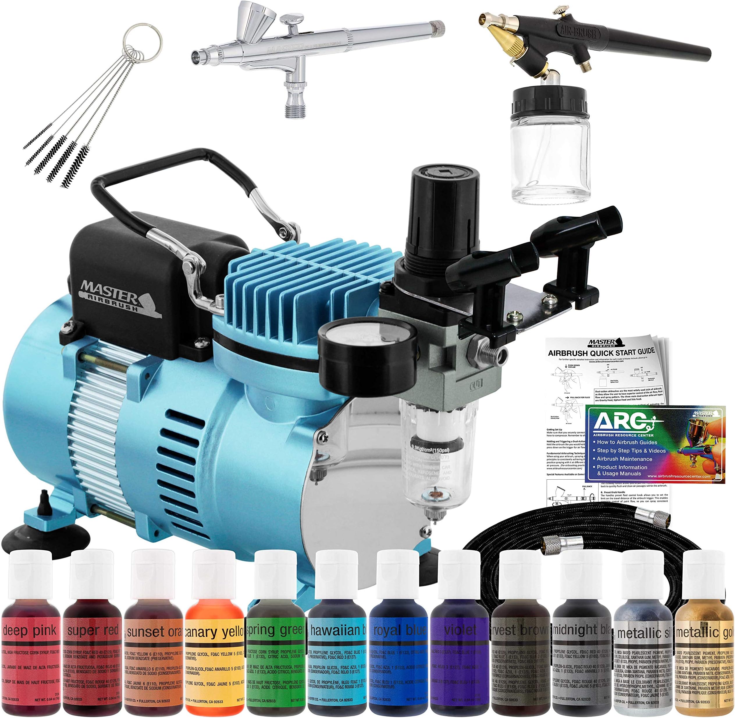 Master Airbrush Cool Runner II Airbrush Cake Decorating Kit with Dual Fan Air Compressor, 2 Airbrushes, 12 Color Chefmaster Food Coloring Set, Brushes & How-to Manual - Cake Airbrush Kit for Cupcakes