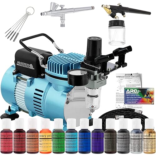 Master Airbrush Cool Runner II Airbrush Cake Decorating Kit with Dual Fan Air Compressor, 2 Airbrushes, 12 Color Chefmaster Food Coloring Set, Brushes & How-To Manual - Cake Airbrush Kit for Cupcakes